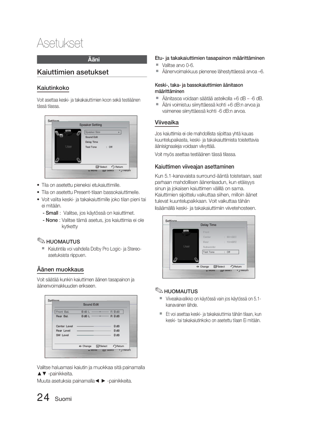 Samsung HT-C453/XEE, HT-C450/XEE manual Kaiuttimien asetukset, Ääni 