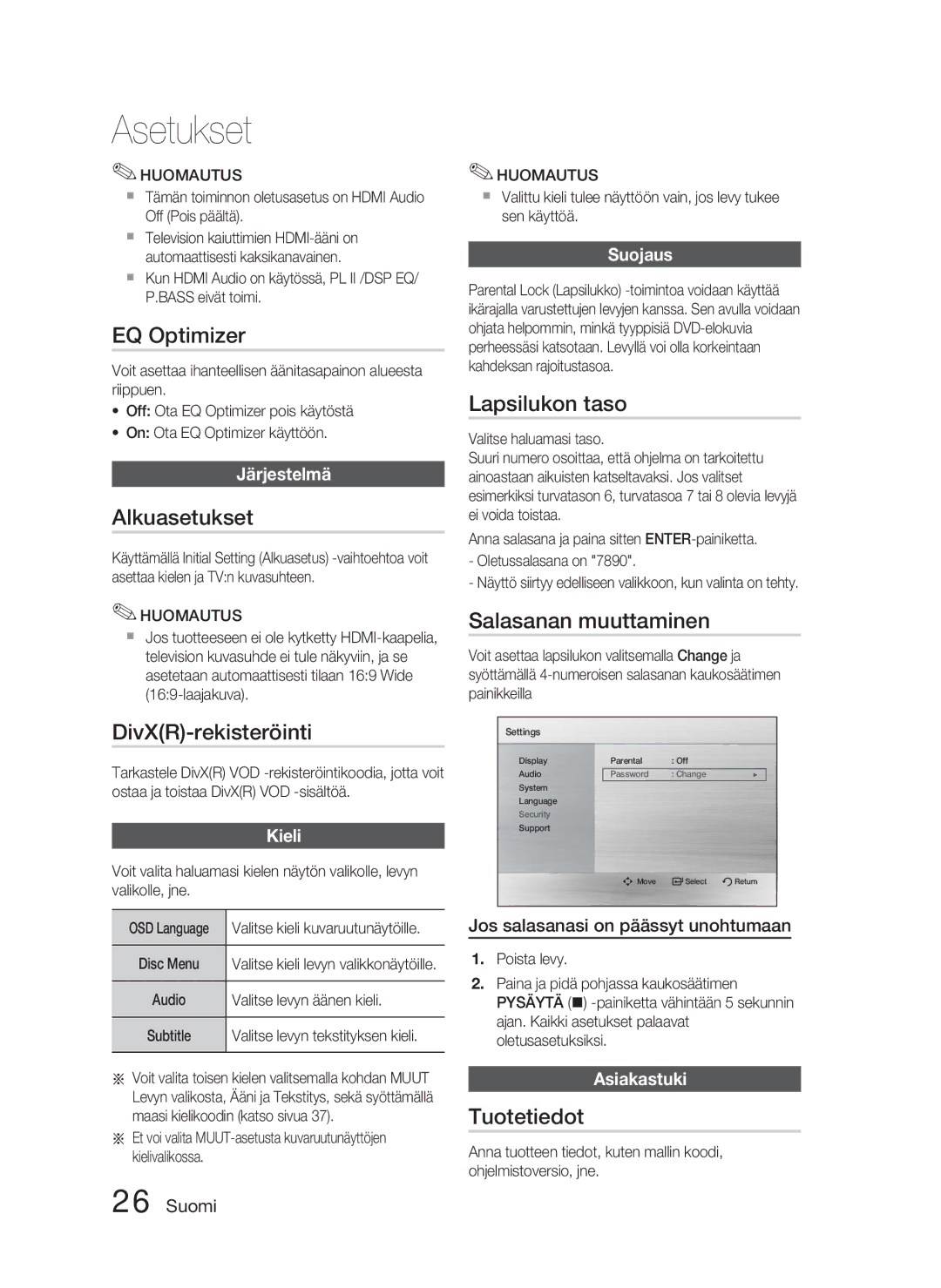 Samsung HT-C453/XEE EQ Optimizer, Alkuasetukset, DivXR-rekisteröinti, Lapsilukon taso, Salasanan muuttaminen, Tuotetiedot 