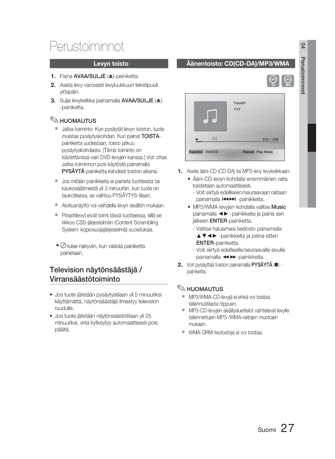 Samsung HT-C450/XEE manual Perustoiminnot, Television näytönsäästäjä, Virransäästötoiminto, Äänentoisto CDCD-DA/MP3/WMA 