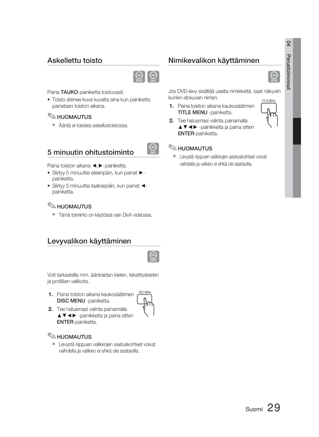 Samsung HT-C450/XEE manual Askellettu toisto, Minuutin ohitustoiminto, Nimikevalikon käyttäminen, Levyvalikon käyttäminen 