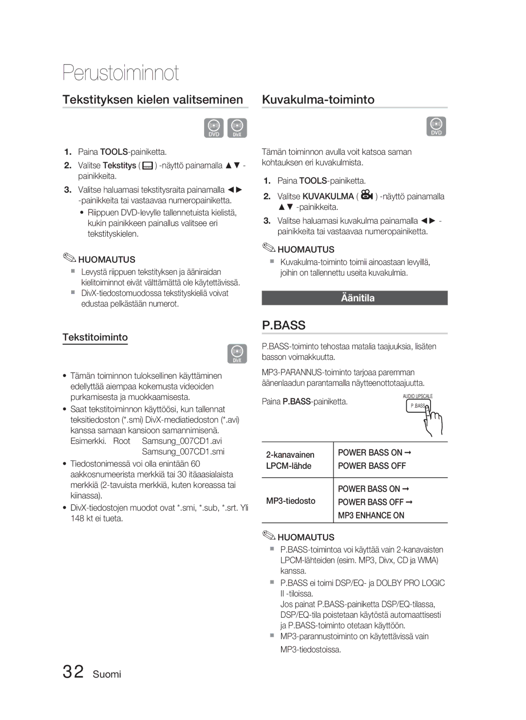 Samsung HT-C453/XEE, HT-C450/XEE manual Tekstityksen kielen valitseminen, Kuvakulma-toiminto, Äänitila, Tekstitoiminto 