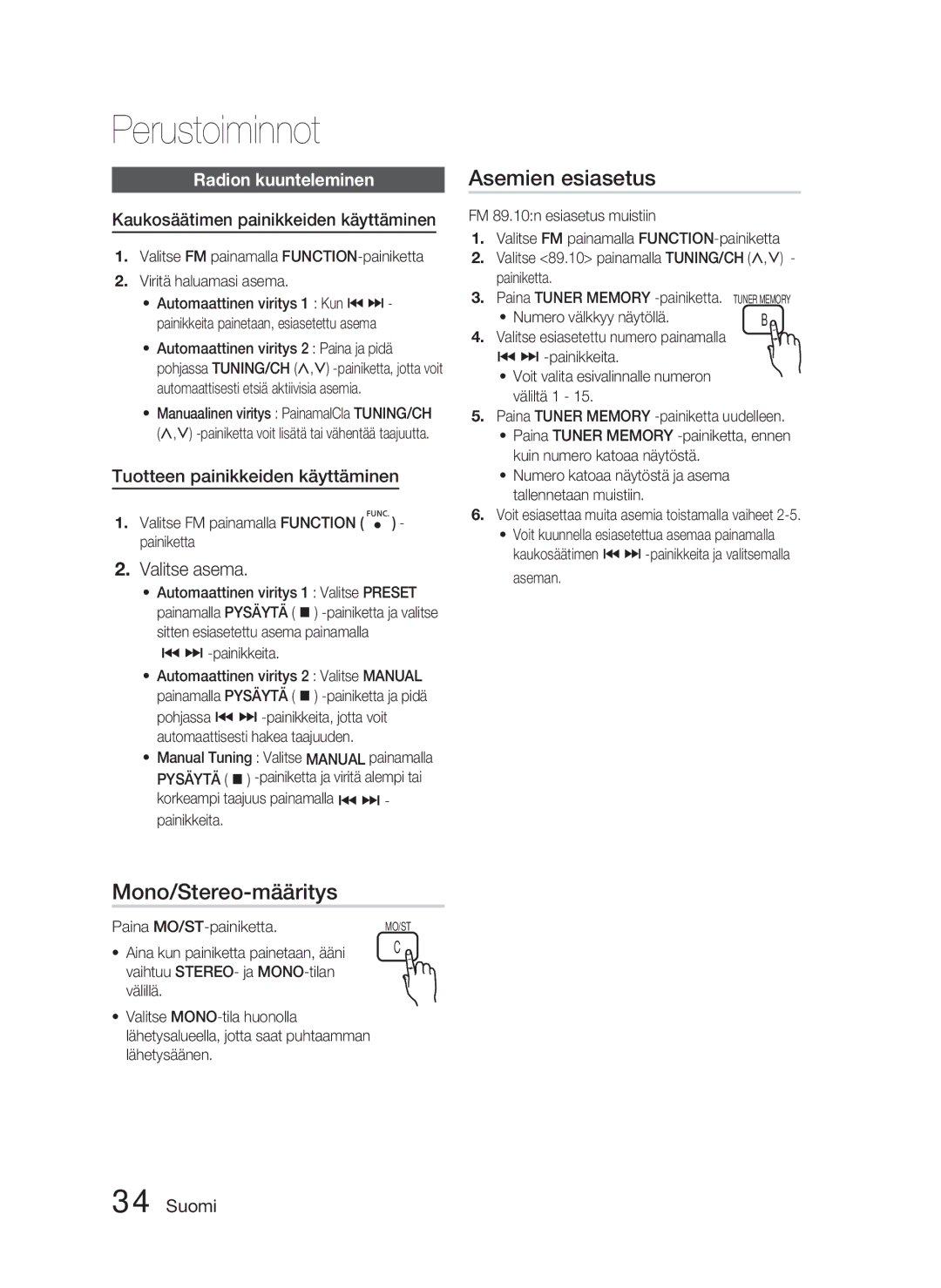 Samsung HT-C453/XEE, HT-C450/XEE manual Asemien esiasetus, Mono/Stereo-määritys, Valitse asema, Radion kuunteleminen 