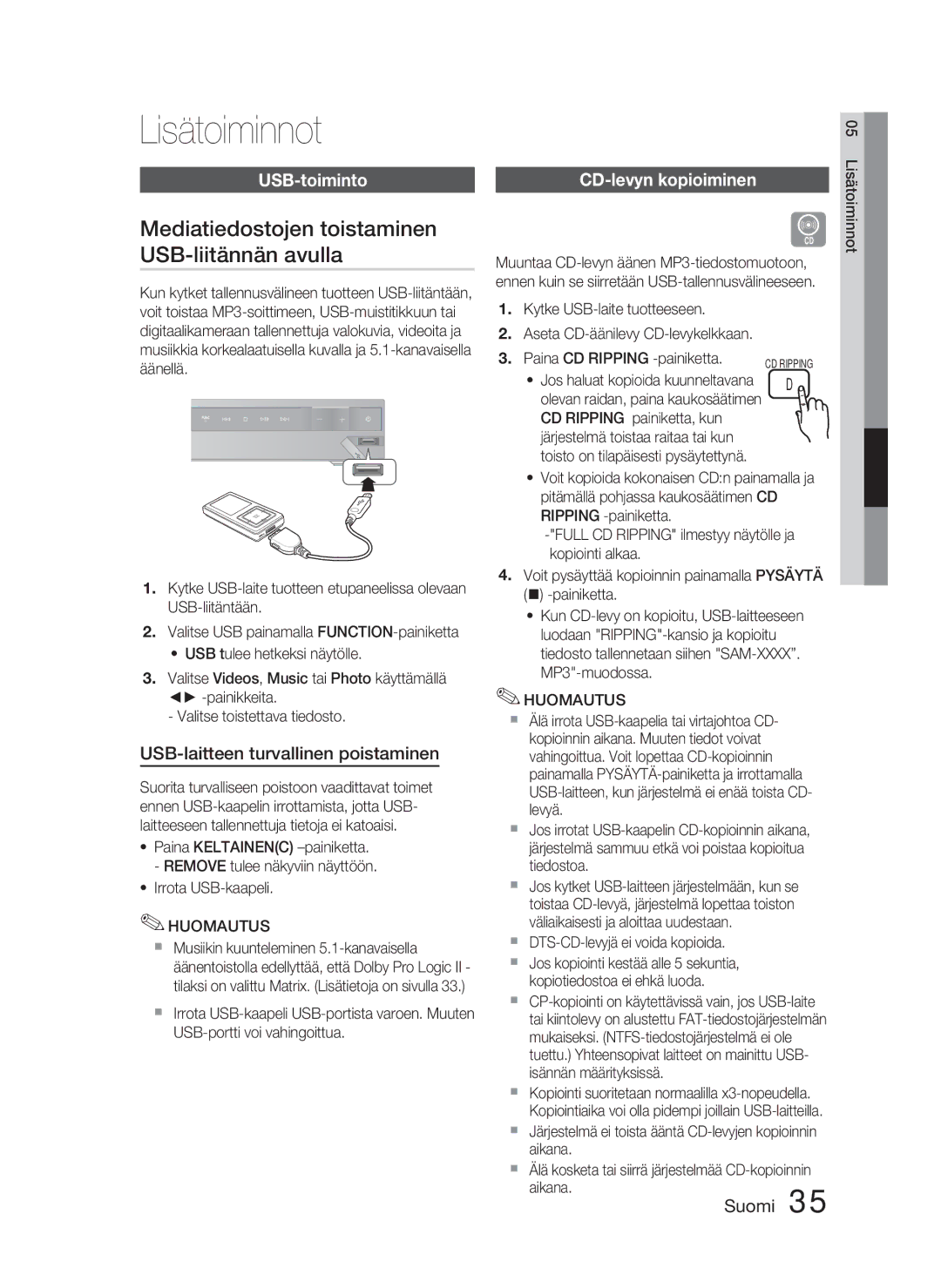 Samsung HT-C450/XEE Lisätoiminnot, Mediatiedostojen toistaminen USB-liitännän avulla, USB-toiminto, CD-levyn kopioiminen 