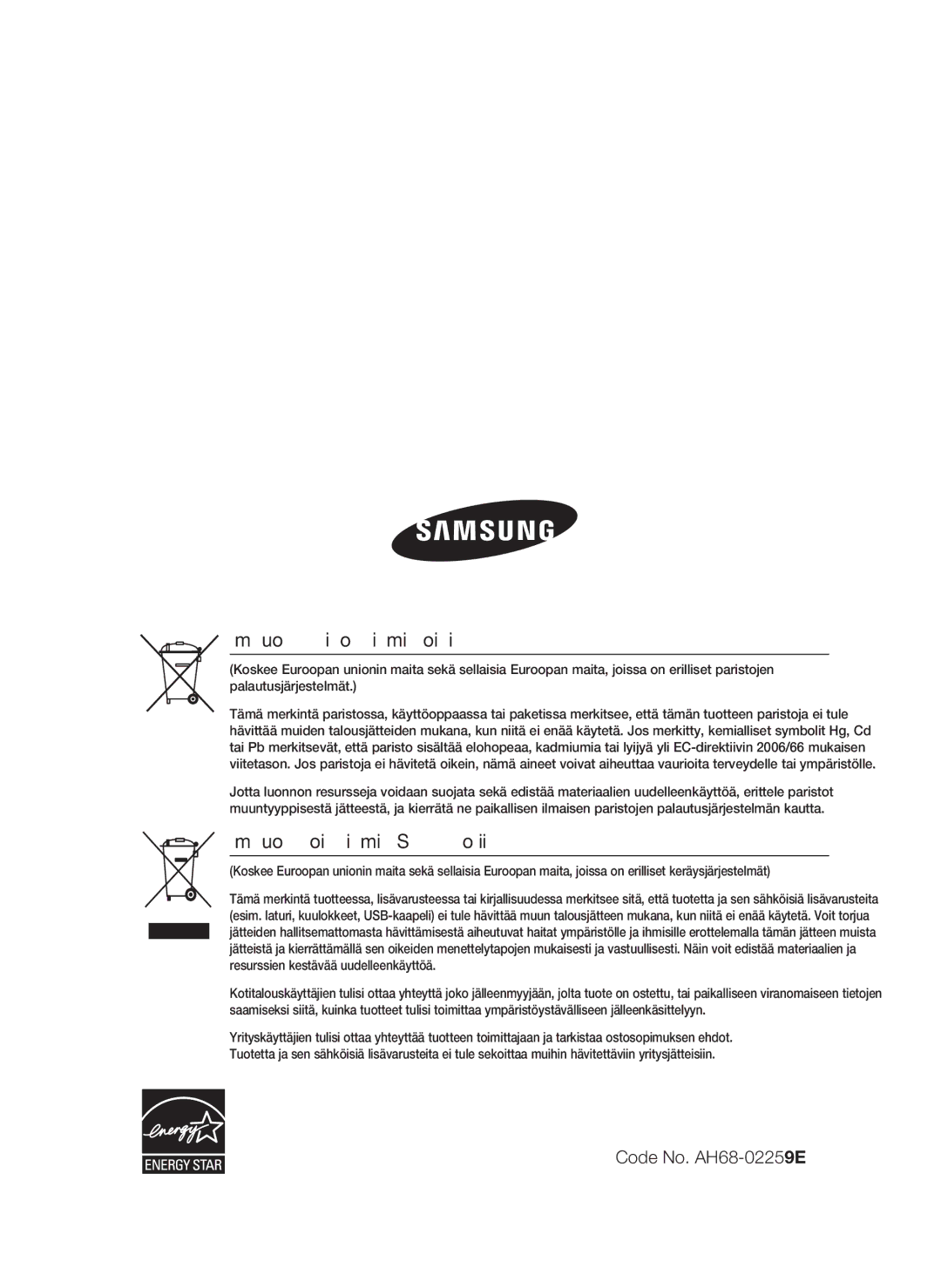 Samsung HT-C450/XEE, HT-C453/XEE manual Tämän tuotteen paristojen hävittäminen oikein, Code No. AH68-02259E 