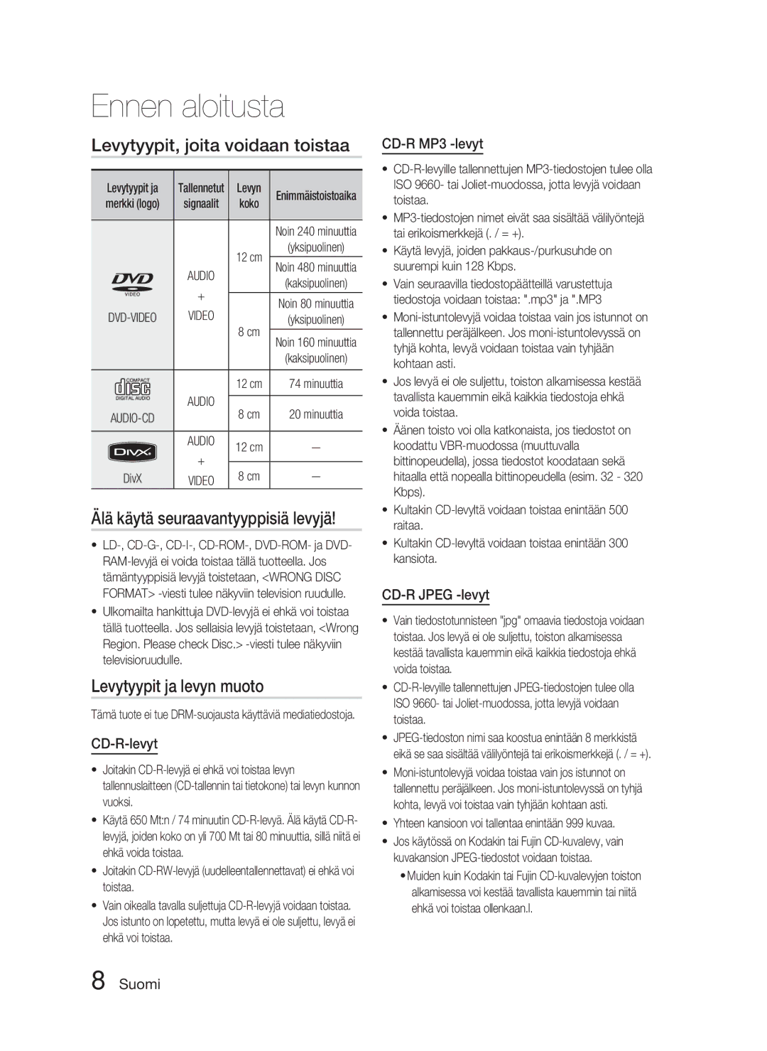 Samsung HT-C453/XEE Levytyypit, joita voidaan toistaa, Älä käytä seuraavantyyppisiä levyjä, Levytyypit ja levyn muoto 