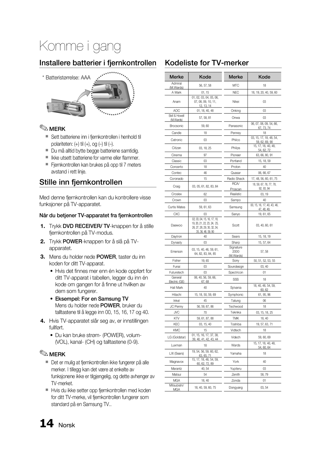 Samsung HT-C453/XEE, HT-C450/XEE manual Stille inn fjernkontrollen, Batteristørrelse AAA 