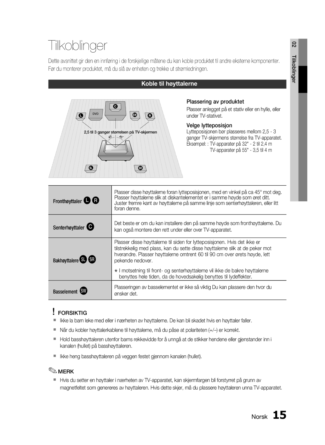 Samsung HT-C450/XEE, HT-C453/XEE manual Tilkoblinger, Koble til høyttalerne, Forsiktig 