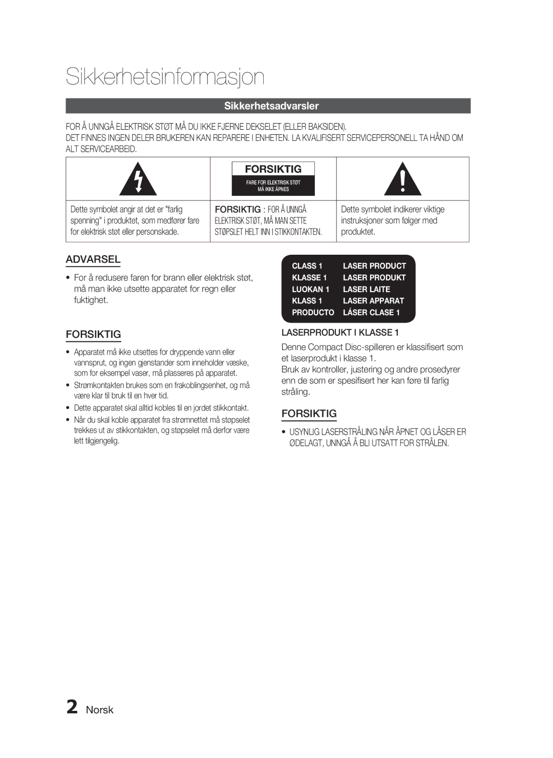 Samsung HT-C453/XEE manual Sikkerhetsinformasjon, Sikkerhetsadvarsler, Norsk, Forsiktig for Å Unngå, Laserprodukt I Klasse 