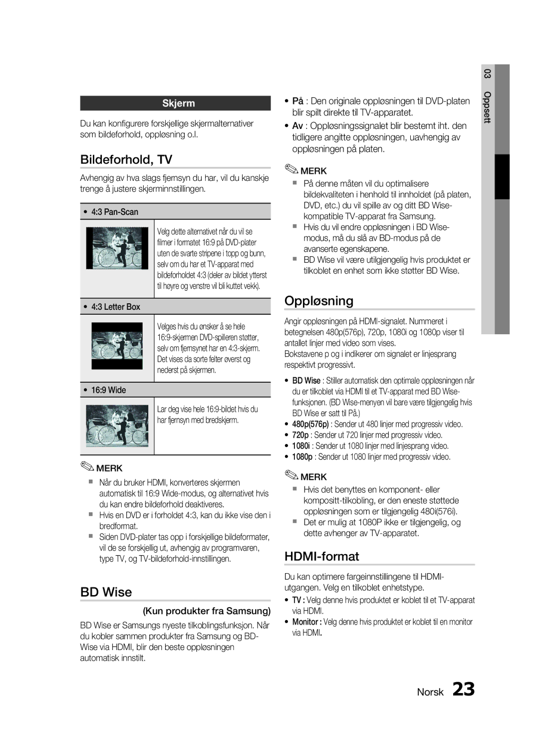 Samsung HT-C450/XEE, HT-C453/XEE manual Bildeforhold, TV, BD Wise, Oppløsning, HDMI-format, Skjerm 