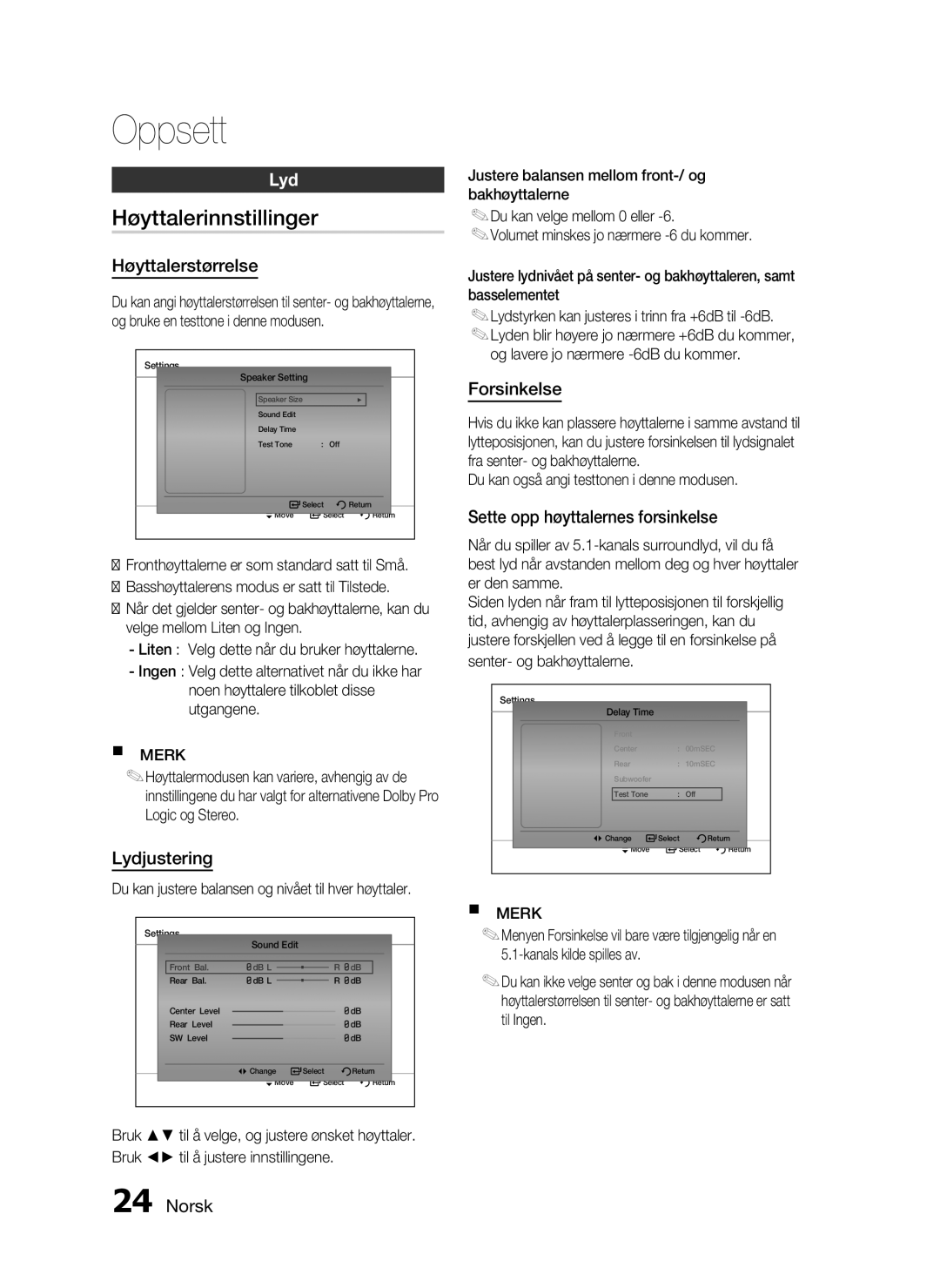 Samsung HT-C453/XEE, HT-C450/XEE manual Høyttalerinnstillinger, Lyd 