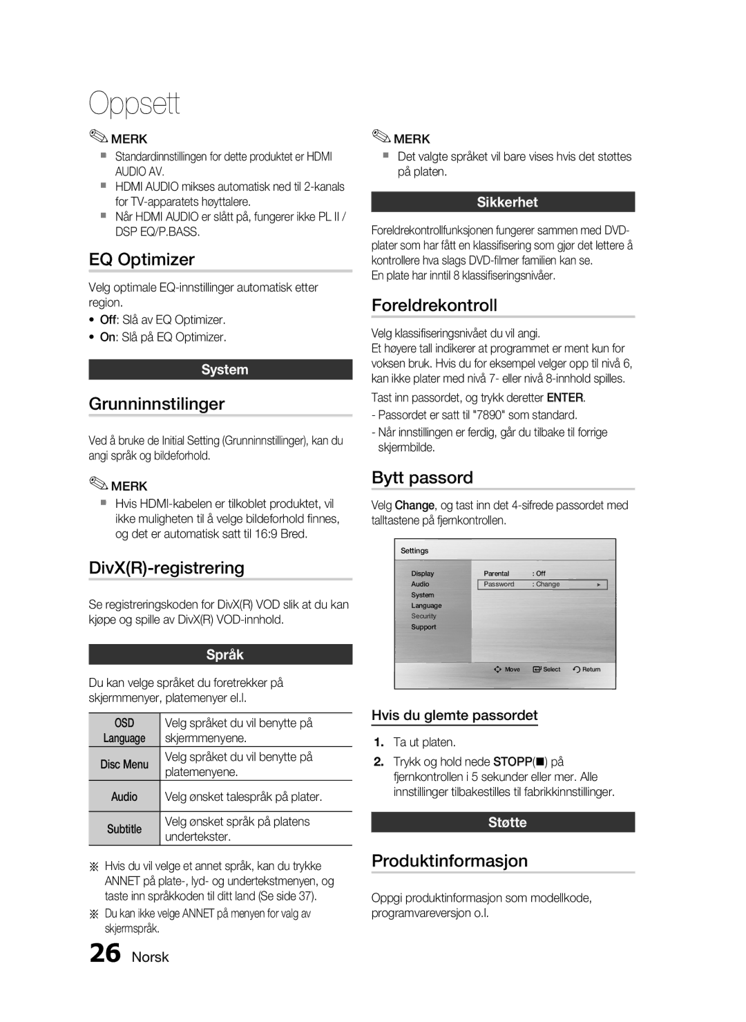 Samsung HT-C453/XEE, HT-C450/XEE manual EQ Optimizer, Grunninnstilinger, DivXR-registrering, Foreldrekontroll, Bytt passord 