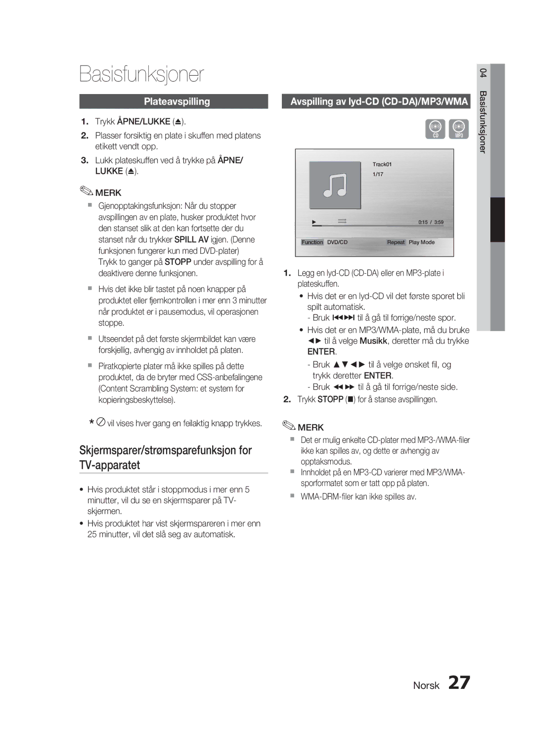 Samsung HT-C450/XEE, HT-C453/XEE manual Basisfunksjoner, Skjermsparer/strømsparefunksjon for TV-apparatet, Plateavspilling 