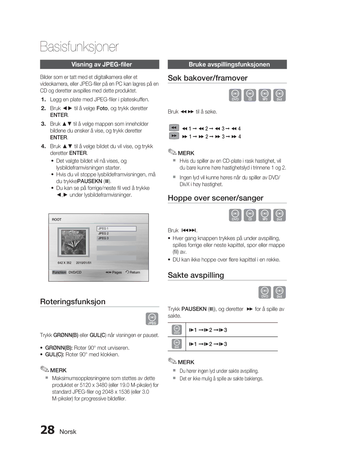 Samsung HT-C453/XEE, HT-C450/XEE manual Søk bakover/framover, Hoppe over scener/sanger, Roteringsfunksjon, Sakte avspilling 