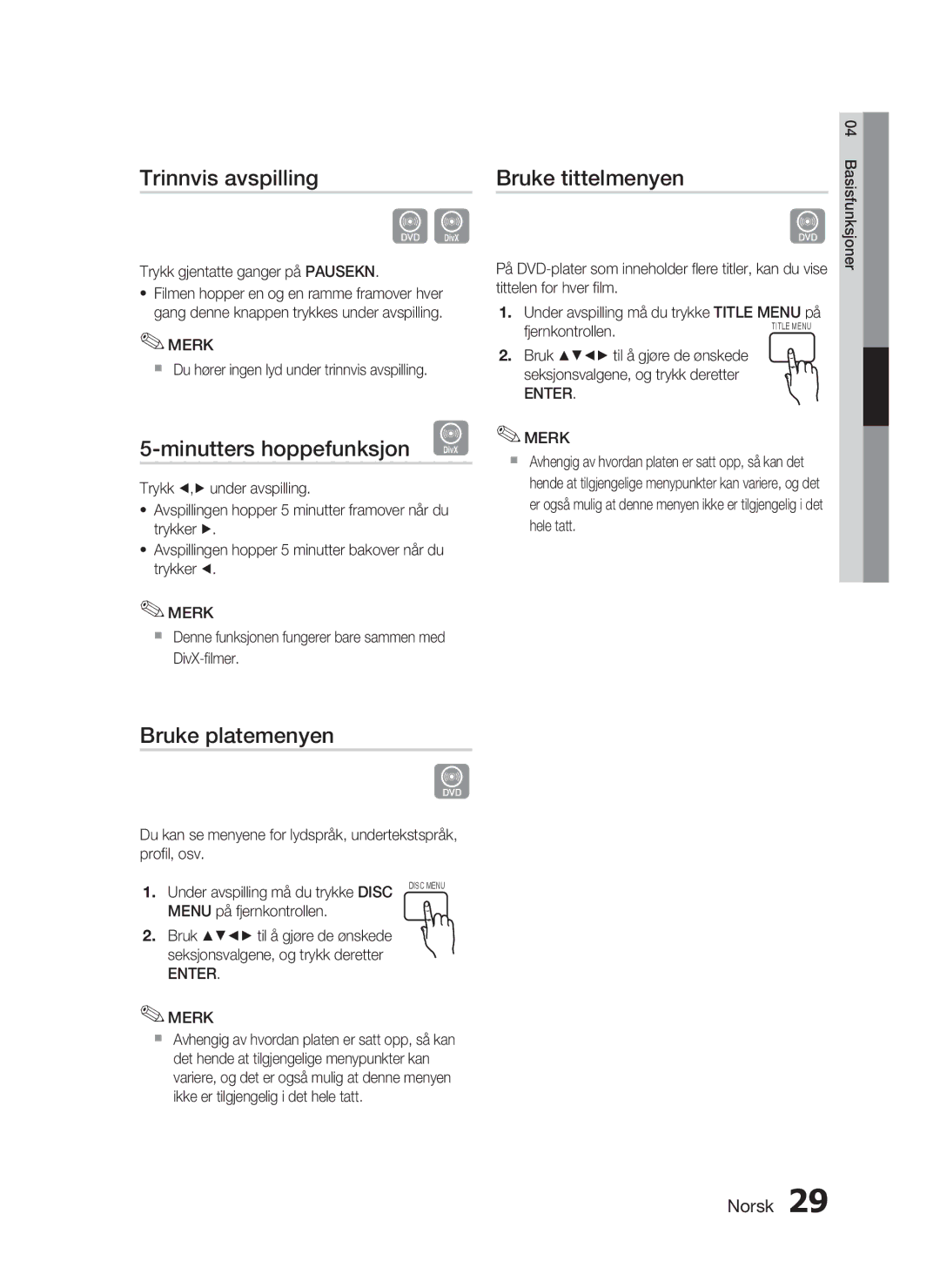 Samsung HT-C450/XEE Trinnvis avspilling, Minutters hoppefunksjon D, Bruke tittelmenyen, Bruke platemenyen, Enter Merk 