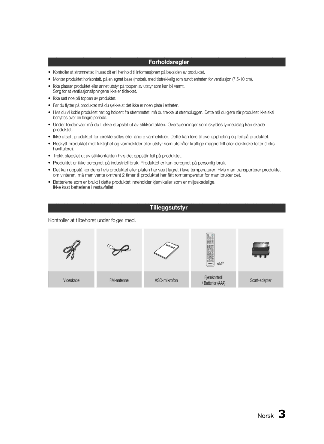 Samsung HT-C450/XEE, HT-C453/XEE manual Forholdsregler, Tilleggsutstyr, Kontroller at tilbehøret under følger med 