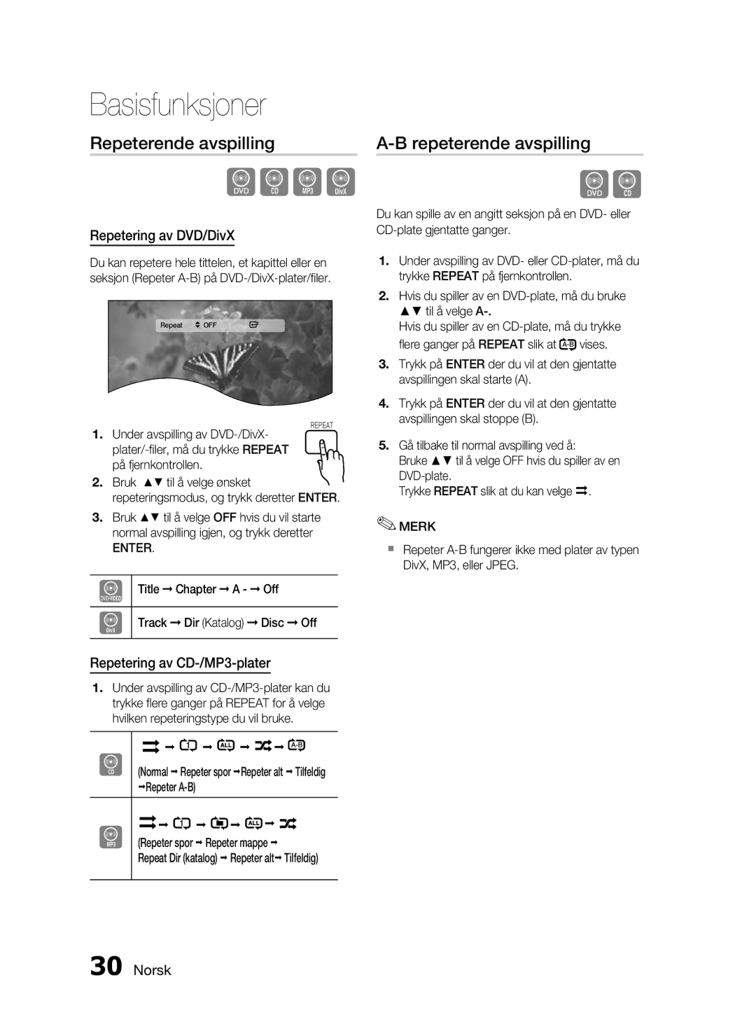 Samsung HT-C453/XEE, HT-C450/XEE manual Repeterende avspilling, Repetering av DVD/DivX, Repetering av CD-/MP3-plater 