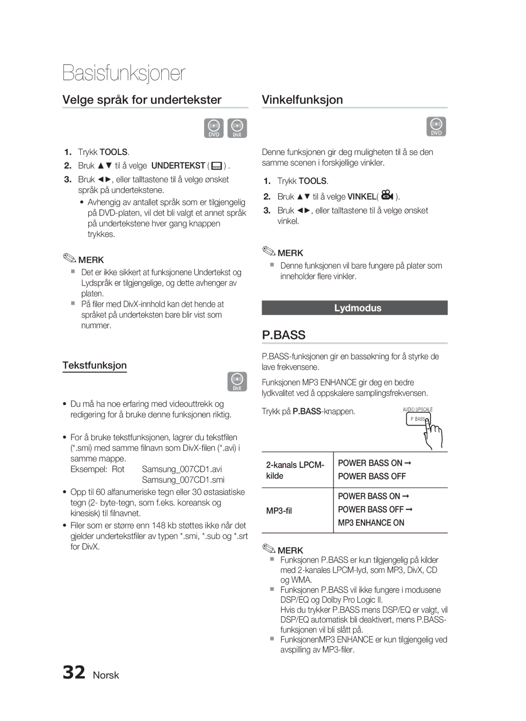 Samsung HT-C453/XEE, HT-C450/XEE manual Velge språk for undertekster, Vinkelfunksjon, Tekstfunksjon, Lydmodus 