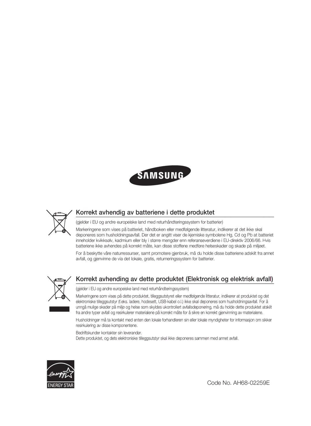 Samsung HT-C450/XEE, HT-C453/XEE manual Korrekt avhendig av batteriene i dette produktet 