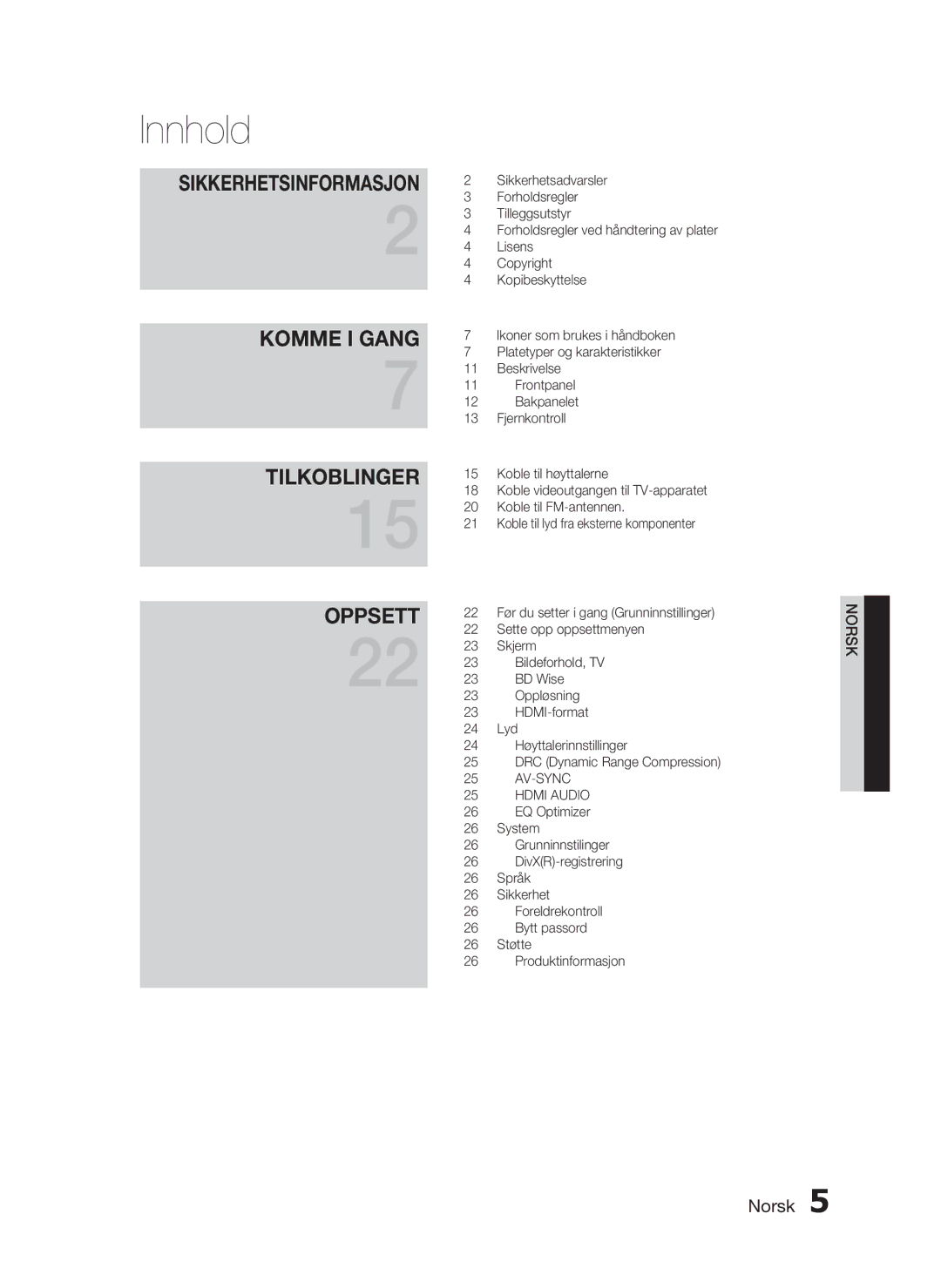 Samsung HT-C450/XEE, HT-C453/XEE manual Innhold, Sikkerhetsinformasjon 