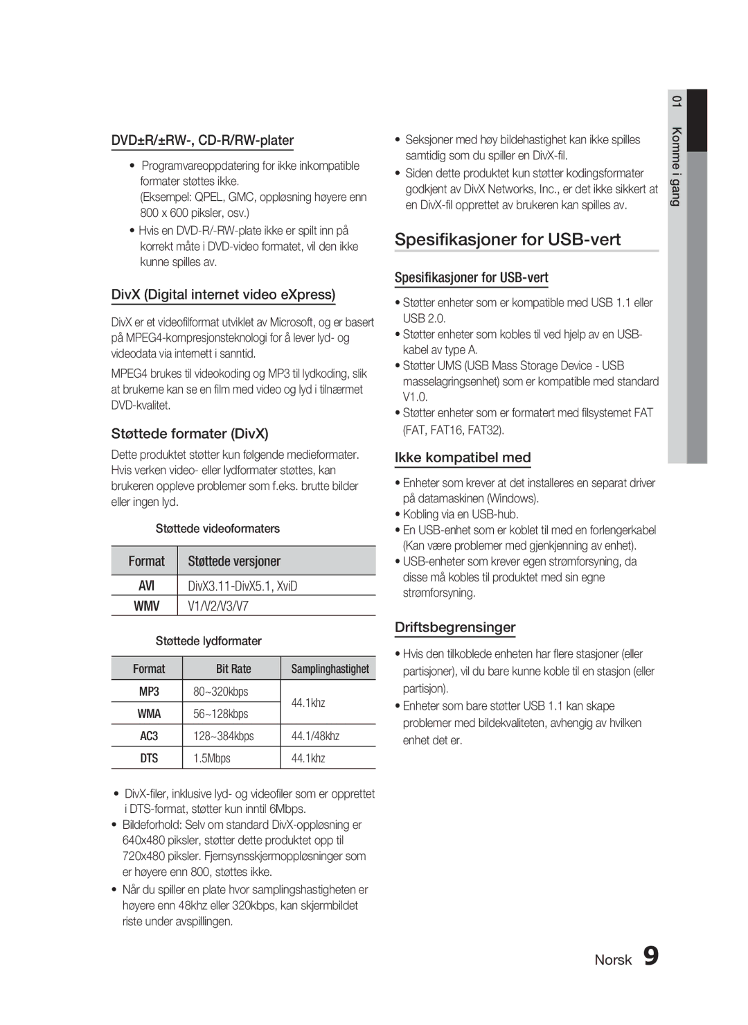 Samsung HT-C450/XEE, HT-C453/XEE manual Spesiﬁkasjoner for USB-vert 