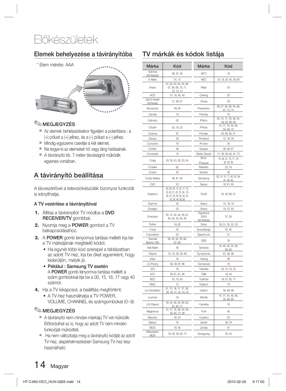 Samsung HT-C450/XEF, HT-C453/XEF manual Távirányító beállítása, Elem mérete AAA,  Mindig egyszerre cserélje a két elemet 