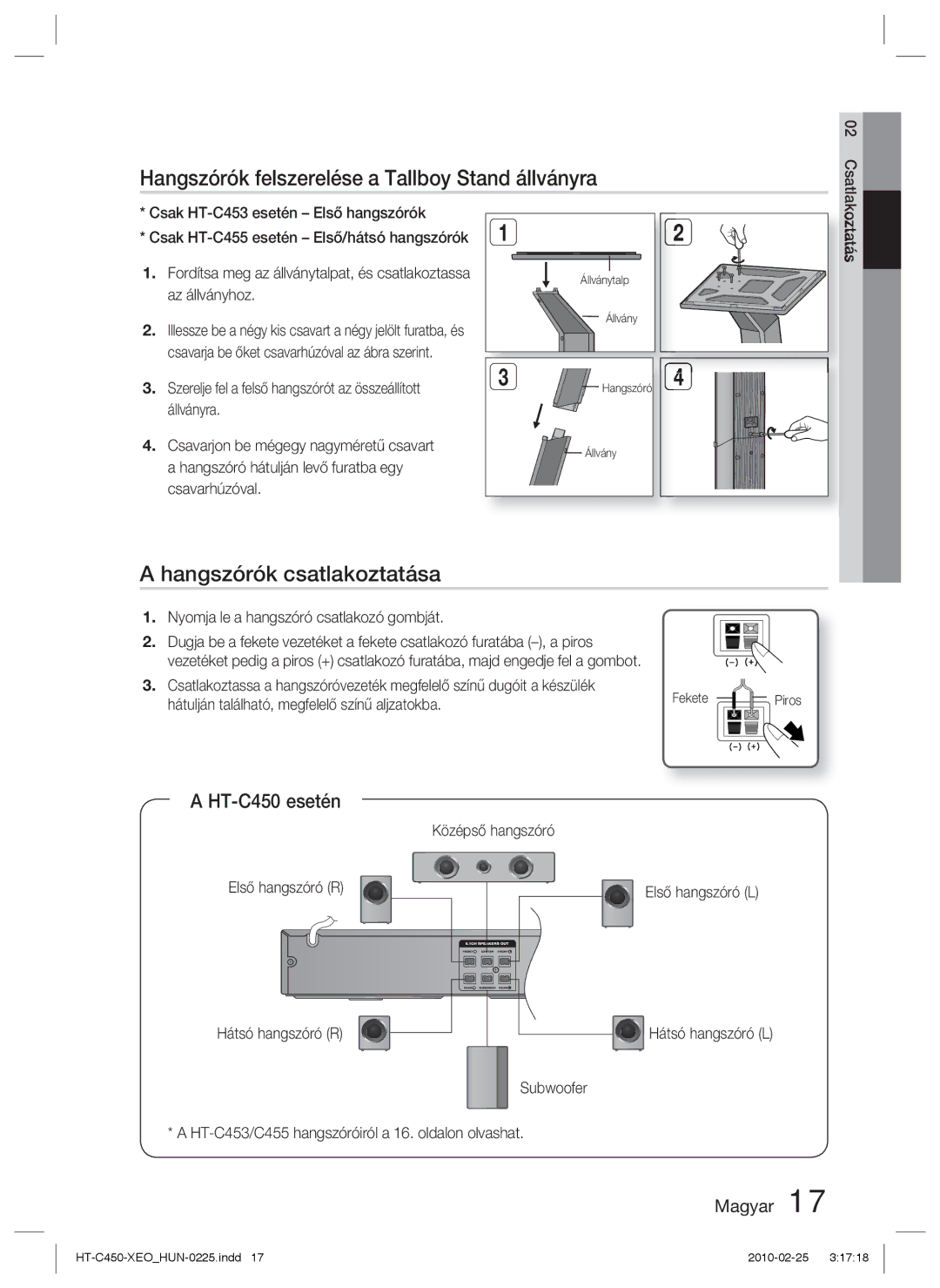 Samsung HT-C453/XEE manual Hangszórók felszerelése a Tallboy Stand állványra, Hangszórók csatlakoztatása, HT-C450 esetén 