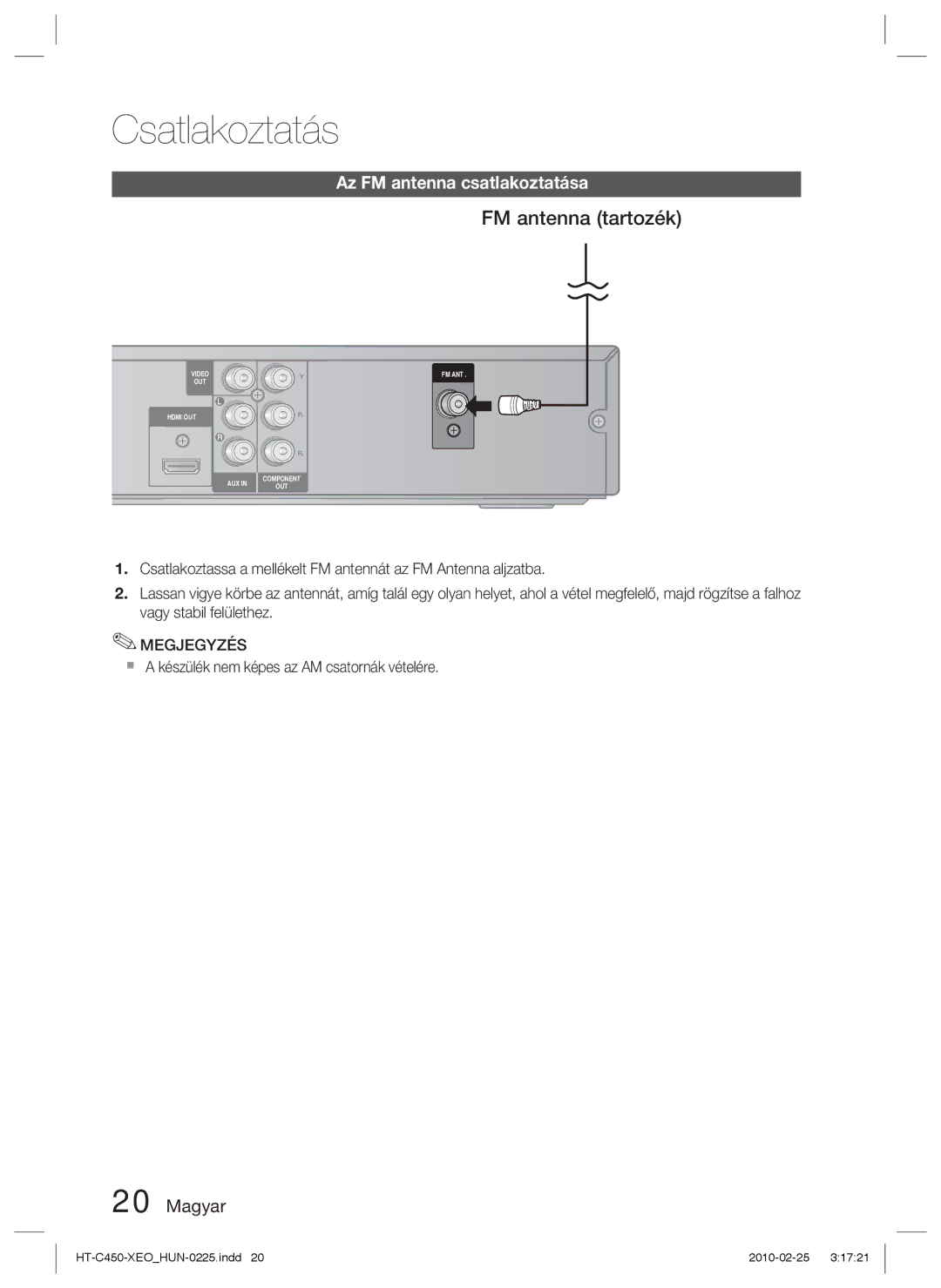 Samsung HT-C450/XEF FM antenna tartozék, Az FM antenna csatlakoztatása,  a készülék nem képes az AM csatornák vételére 