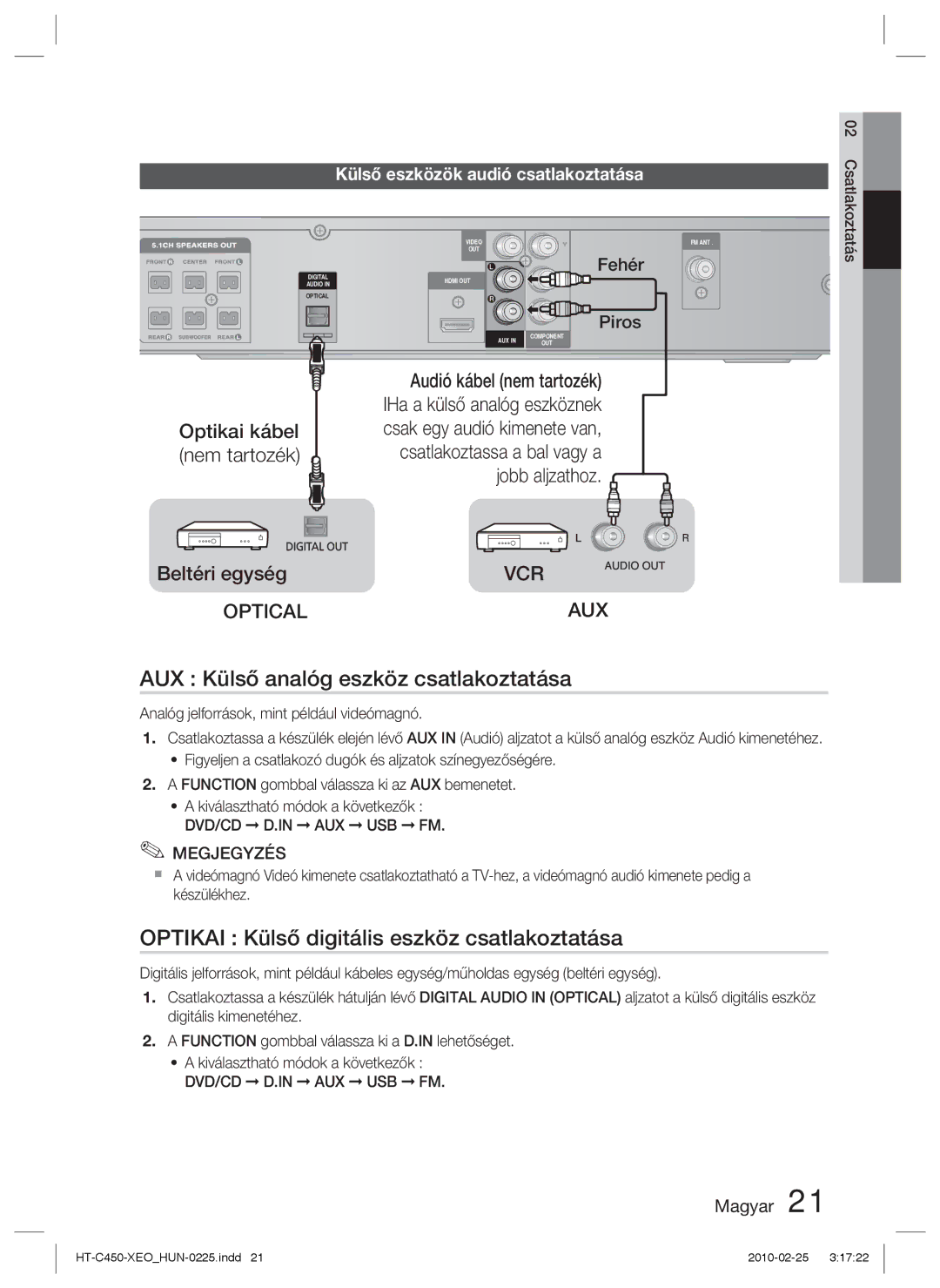 Samsung HT-C453/EDC, HT-C453/XEF AUX Külső analóg eszköz csatlakoztatása, Optikai Külső digitális eszköz csatlakoztatása 