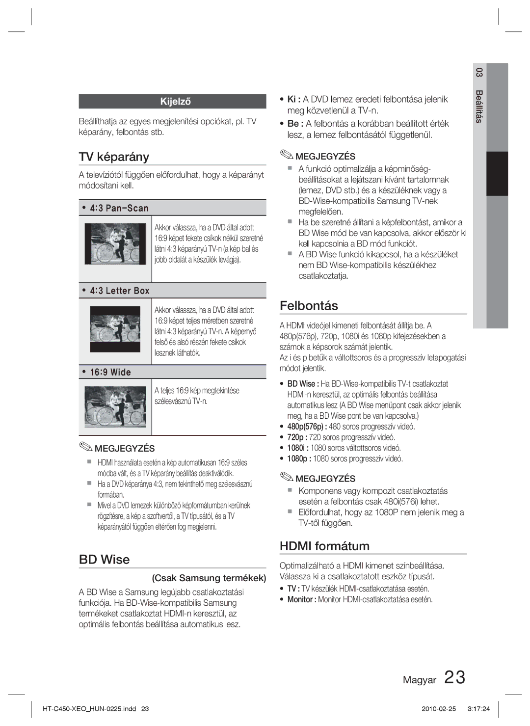 Samsung HT-C453/XEE, HT-C453/XEF, HT-C450/EDC, HT-C450/XEF manual TV képarány, Felbontás, BD Wise, Hdmi formátum, Kijelző 