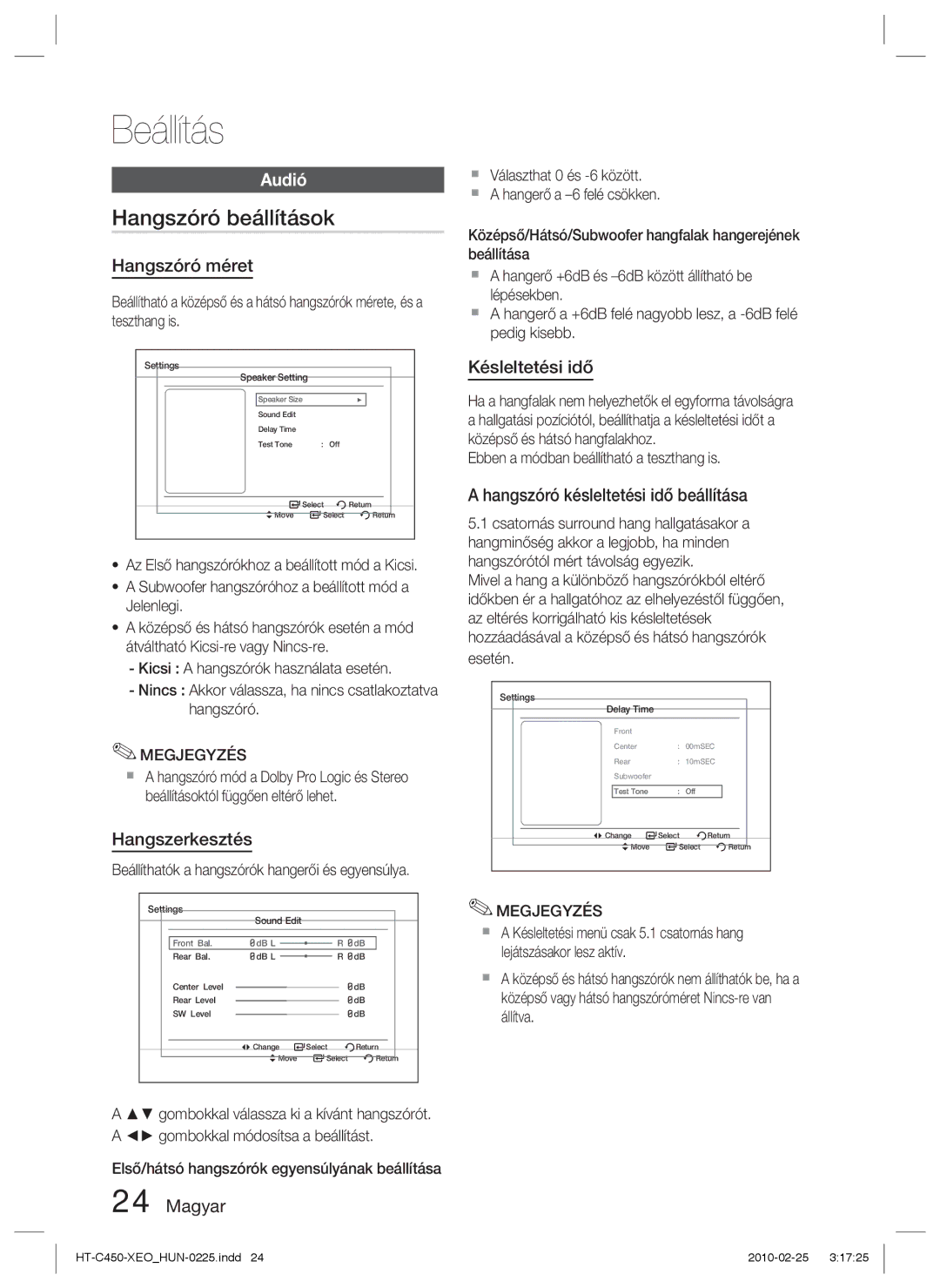 Samsung HT-C453/XEF, HT-C450/EDC, HT-C450/XEF, HT-C453/EDC, HT-C450N/EDC, HT-C453/XEE manual Hangszóró beállítások, Audió 