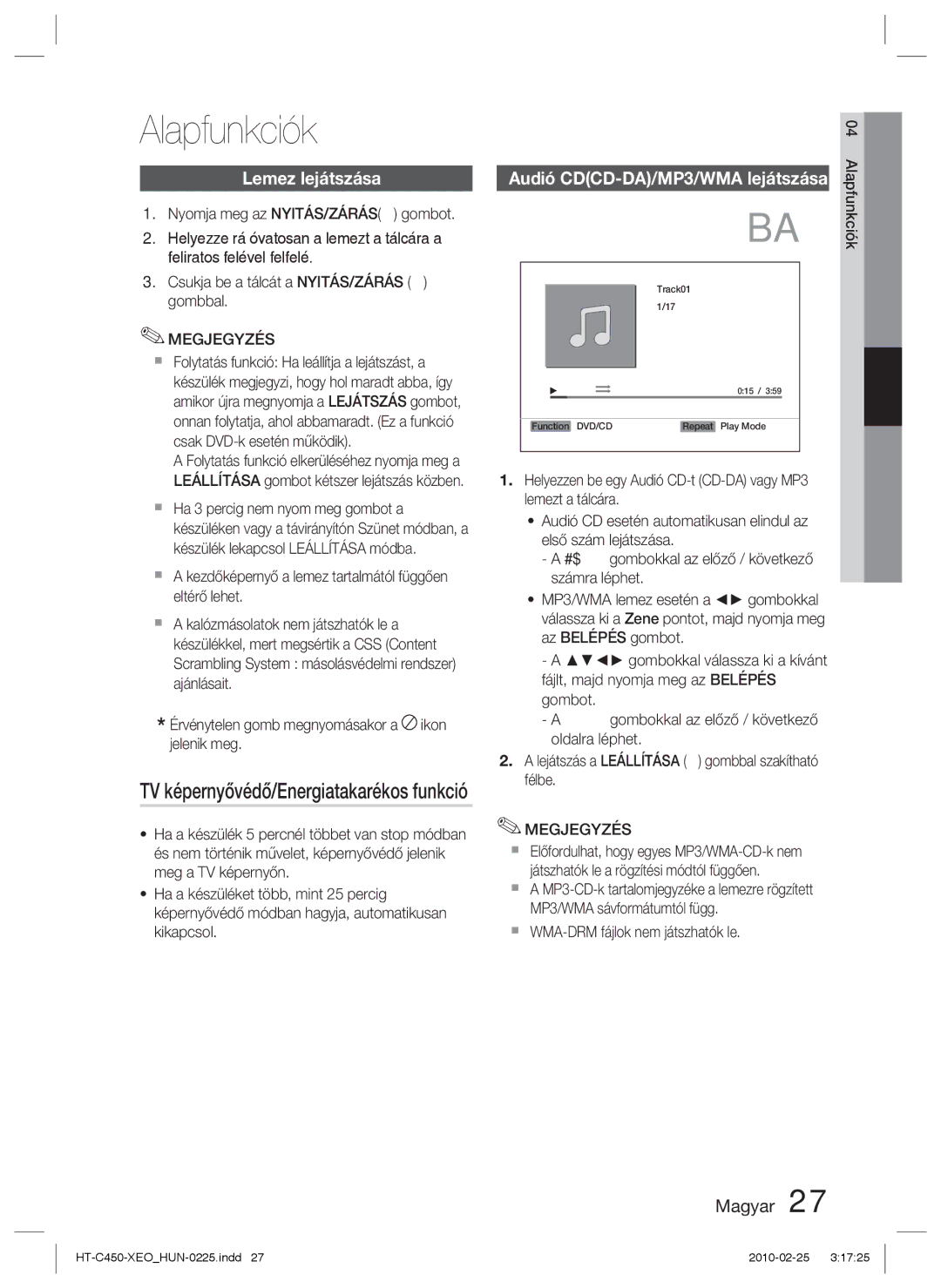 Samsung HT-C453/EDC, HT-C453/XEF, HT-C450/EDC manual Alapfunkciók, Lemez lejátszása, TV képernyővédő/Energiatakarékos funkció 