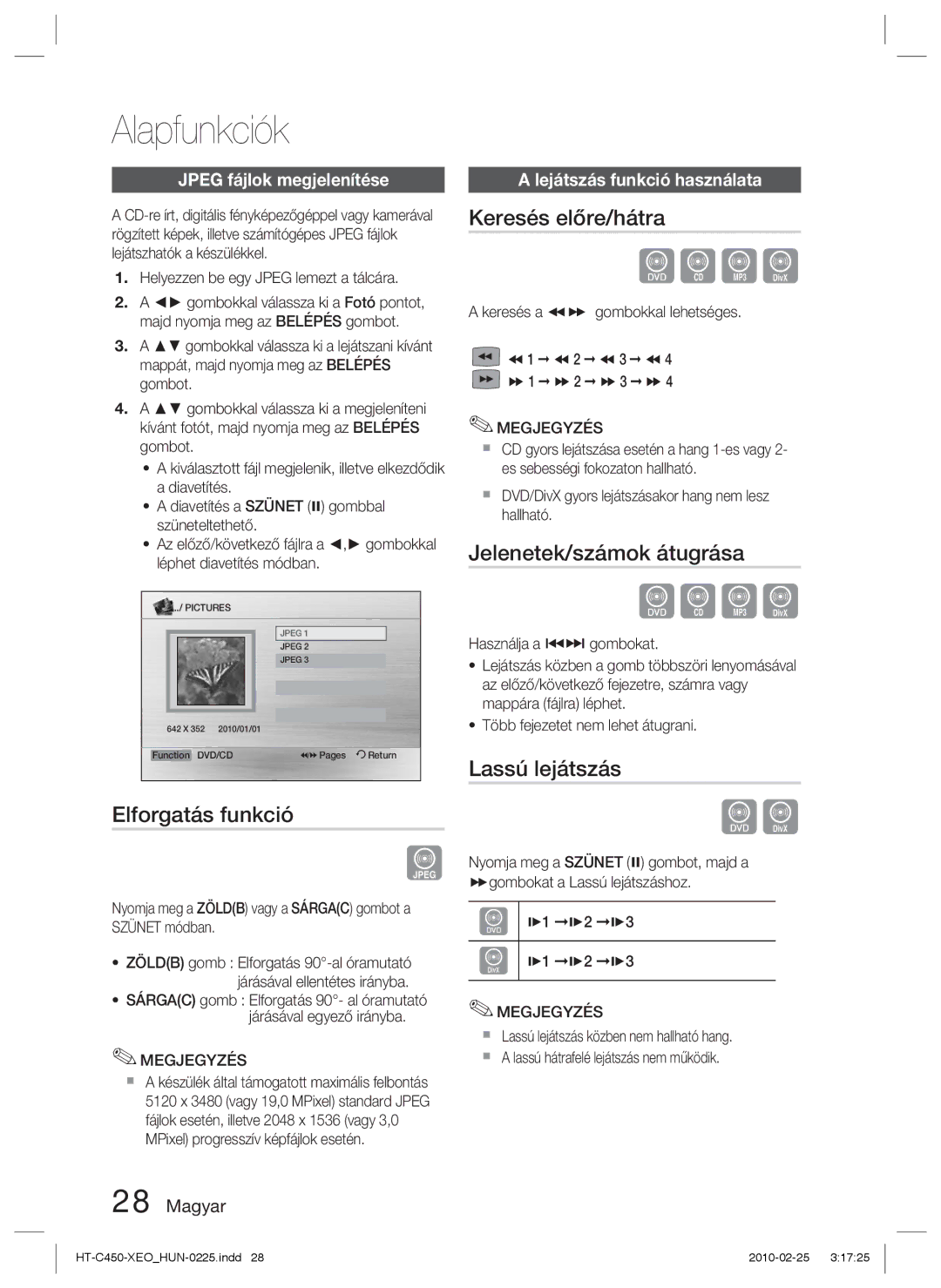 Samsung HT-C450N/EDC, HT-C453/XEF manual Elforgatás funkció, Keresés előre/hátra, Jelenetek/számok átugrása, Lassú lejátszás 