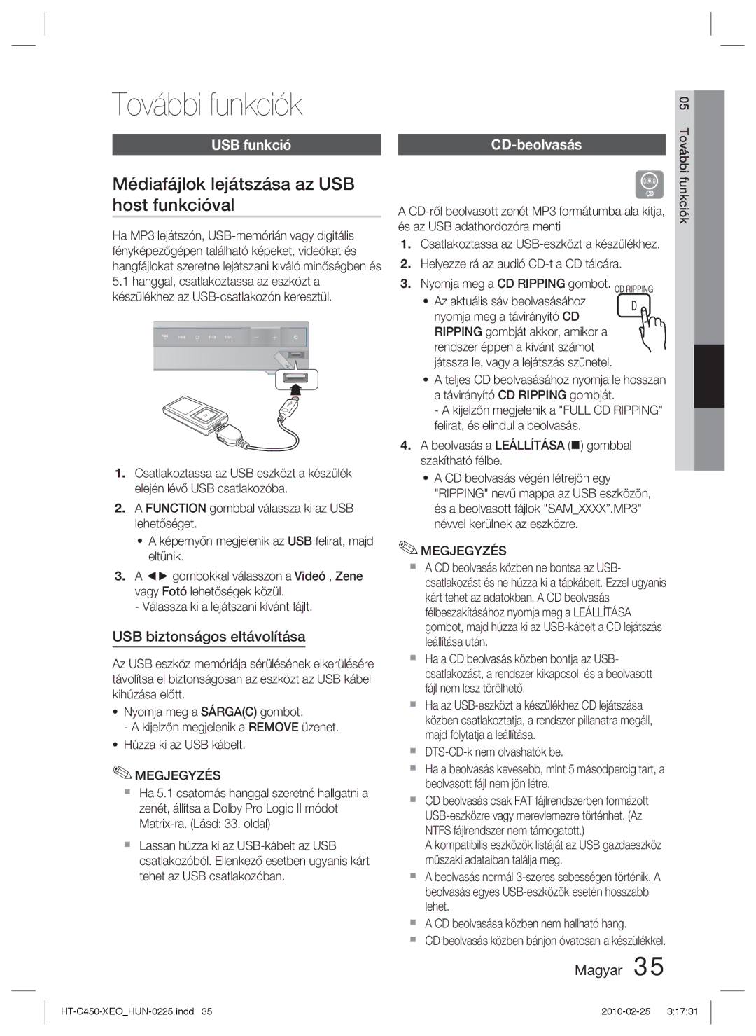 Samsung HT-C453/XEE manual További funkciók, Médiafájlok lejátszása az USB host funkcióval, USB funkció, CD-beolvasás 