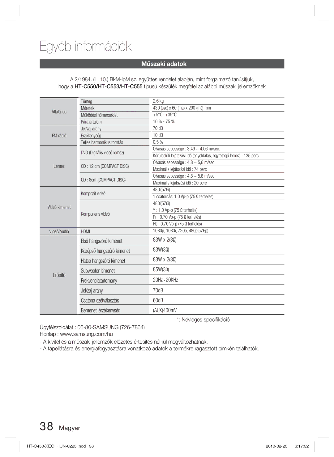 Samsung HT-C450/XEF manual Műszaki adatok, Első hangszóró kimenet 83W x 23Ω, 83W3Ω, Hátsó hangszóró kimenet 83W x 23Ω 