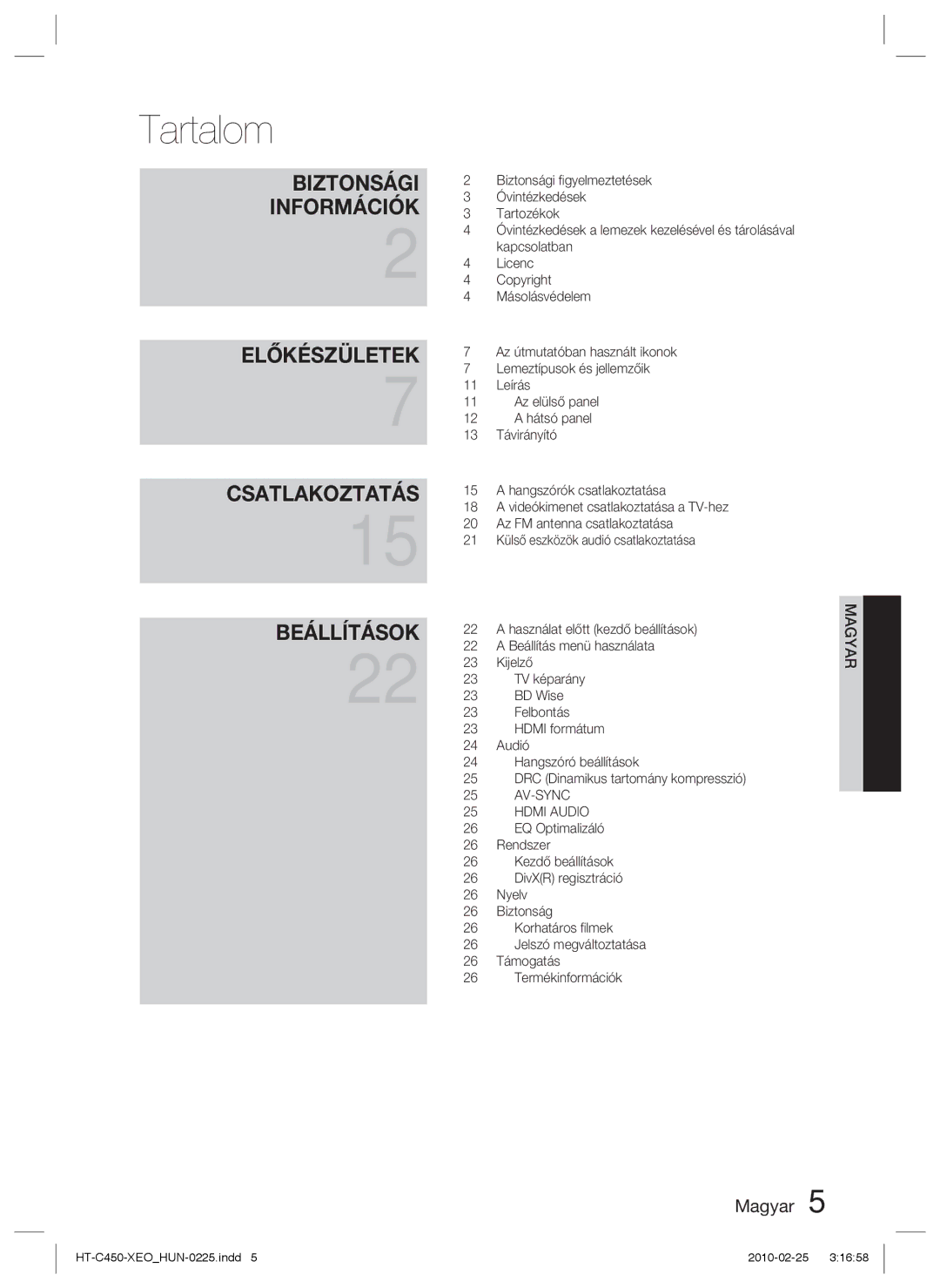 Samsung HT-C453/XEE, HT-C453/XEF, HT-C450/EDC, HT-C450/XEF, HT-C453/EDC, HT-C450N/EDC manual Tartalom, Biztonsági Információk 