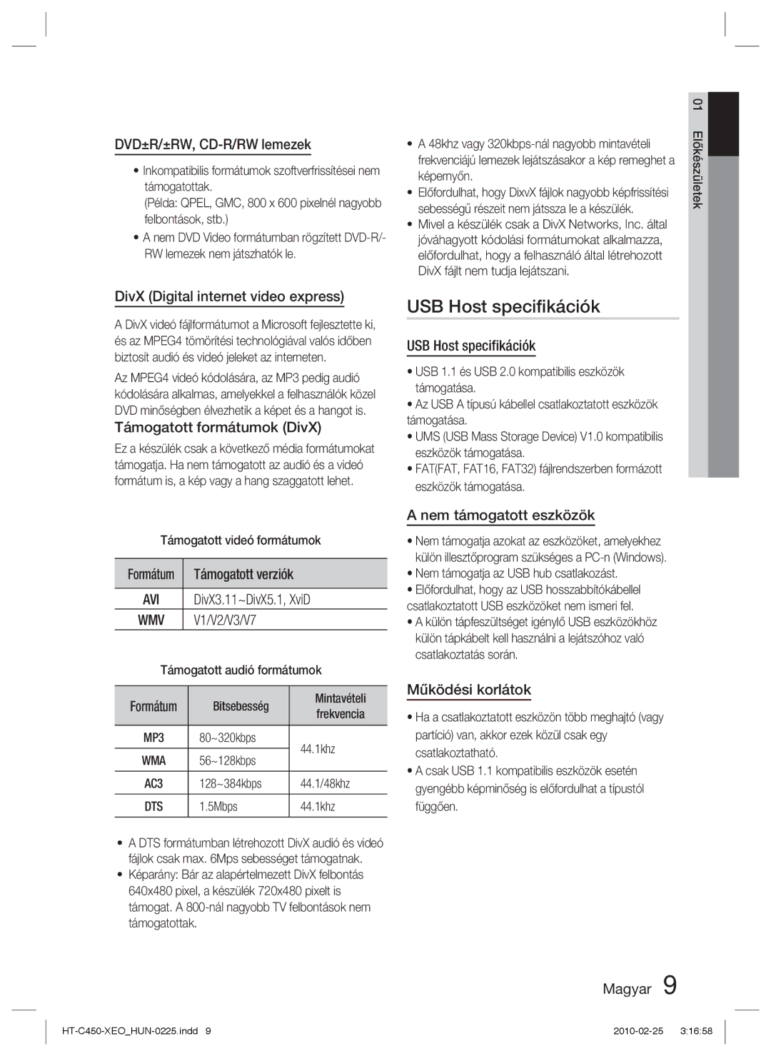 Samsung HT-C453/EDC, HT-C453/XEF, HT-C450/EDC, HT-C450/XEF, HT-C450N/EDC, HT-C453/XEE manual USB Host speciﬁkációk 