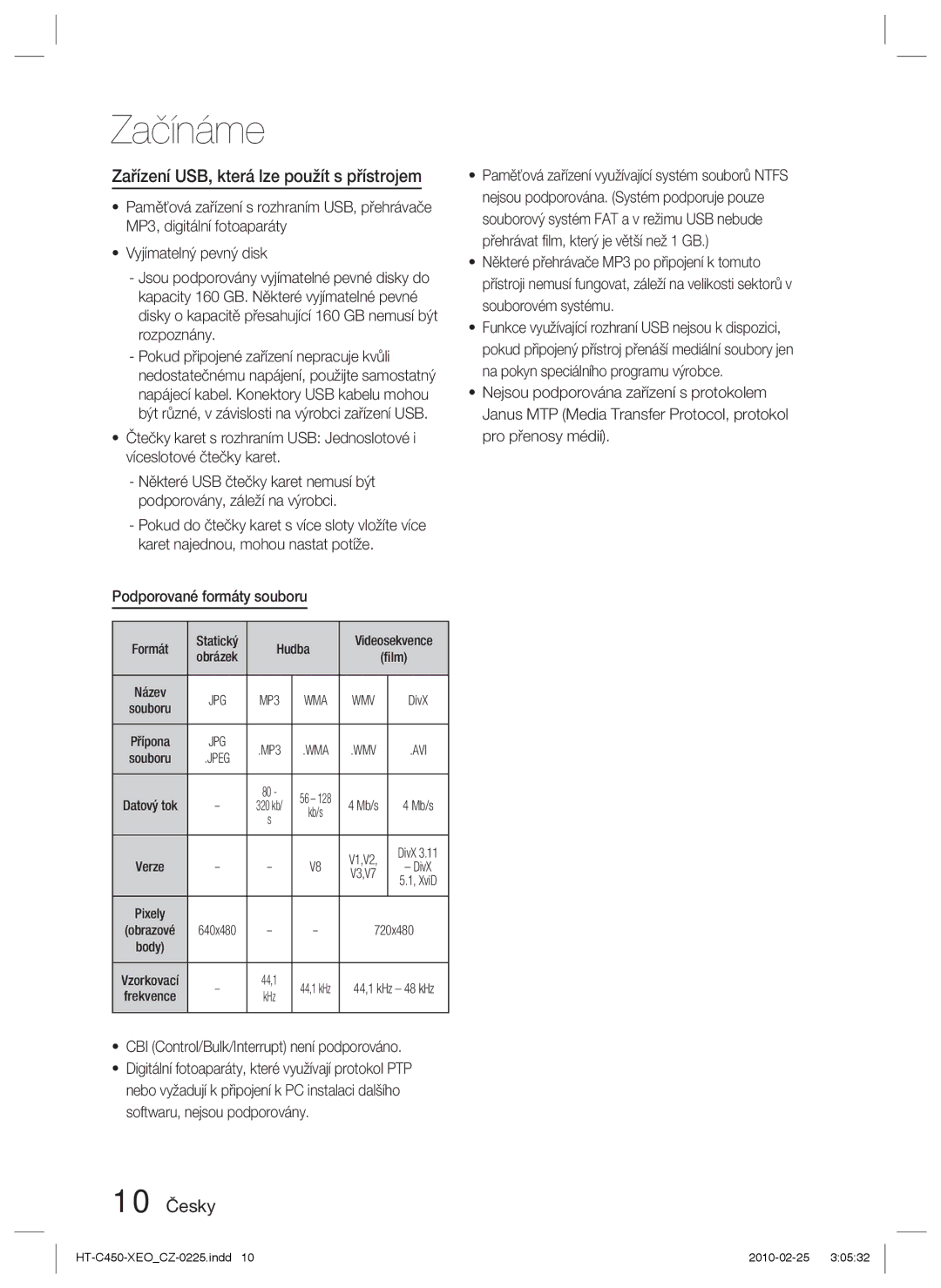 Samsung HT-C453/XEF, HT-C450/EDC manual Zařízení USB, která lze použít s přístrojem, 10 Česky, Podporované formáty souboru 