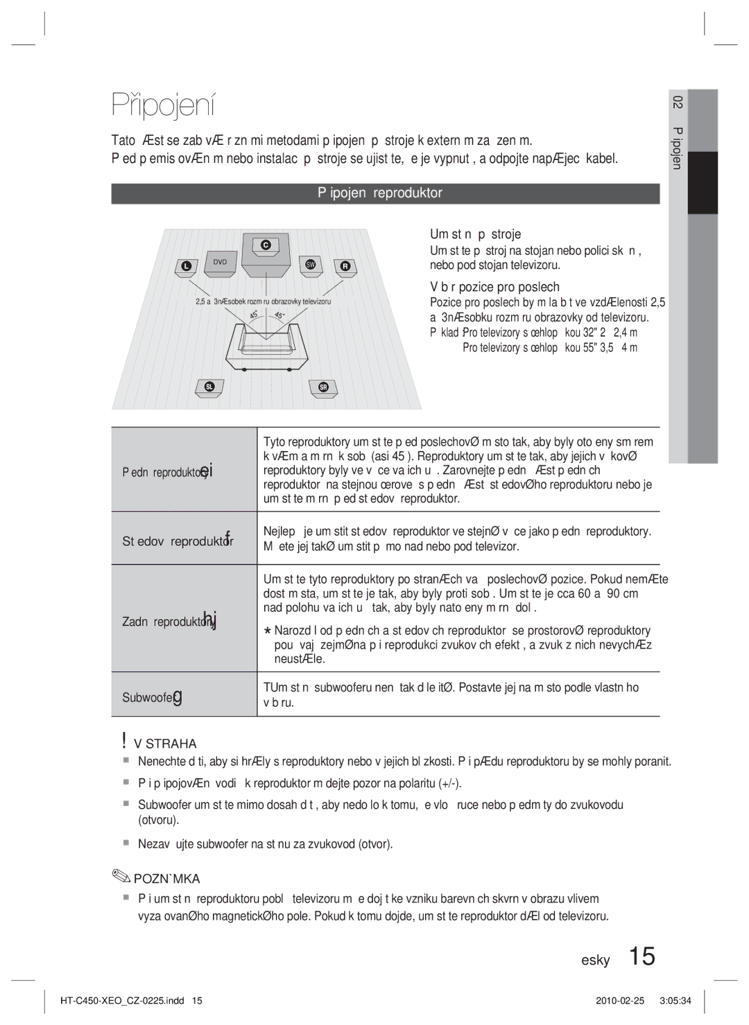 Samsung HT-C453/XEF, HT-C450/EDC, HT-C450/XEF, HT-C453/EDC, HT-C450N/EDC manual Připojení reproduktorů, Výstraha 