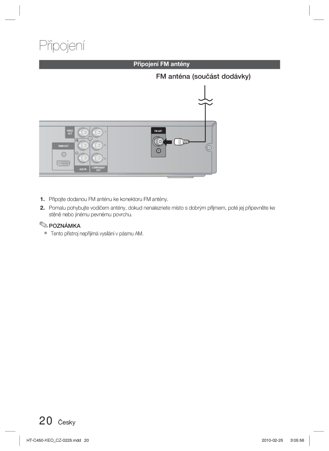 Samsung HT-C453/XEF, HT-C450/EDC, HT-C450/XEF, HT-C453/EDC manual FM anténa součást dodávky, Připojení FM antény, 20 Česky 