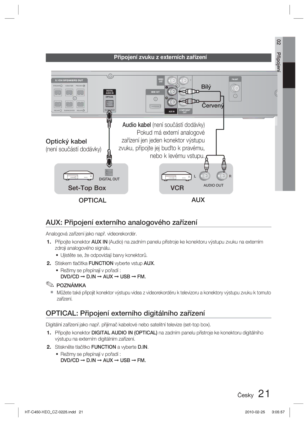 Samsung HT-C450/EDC manual AUX Připojení externího analogového zařízení, Optical Připojení externího digitálního zařízení 