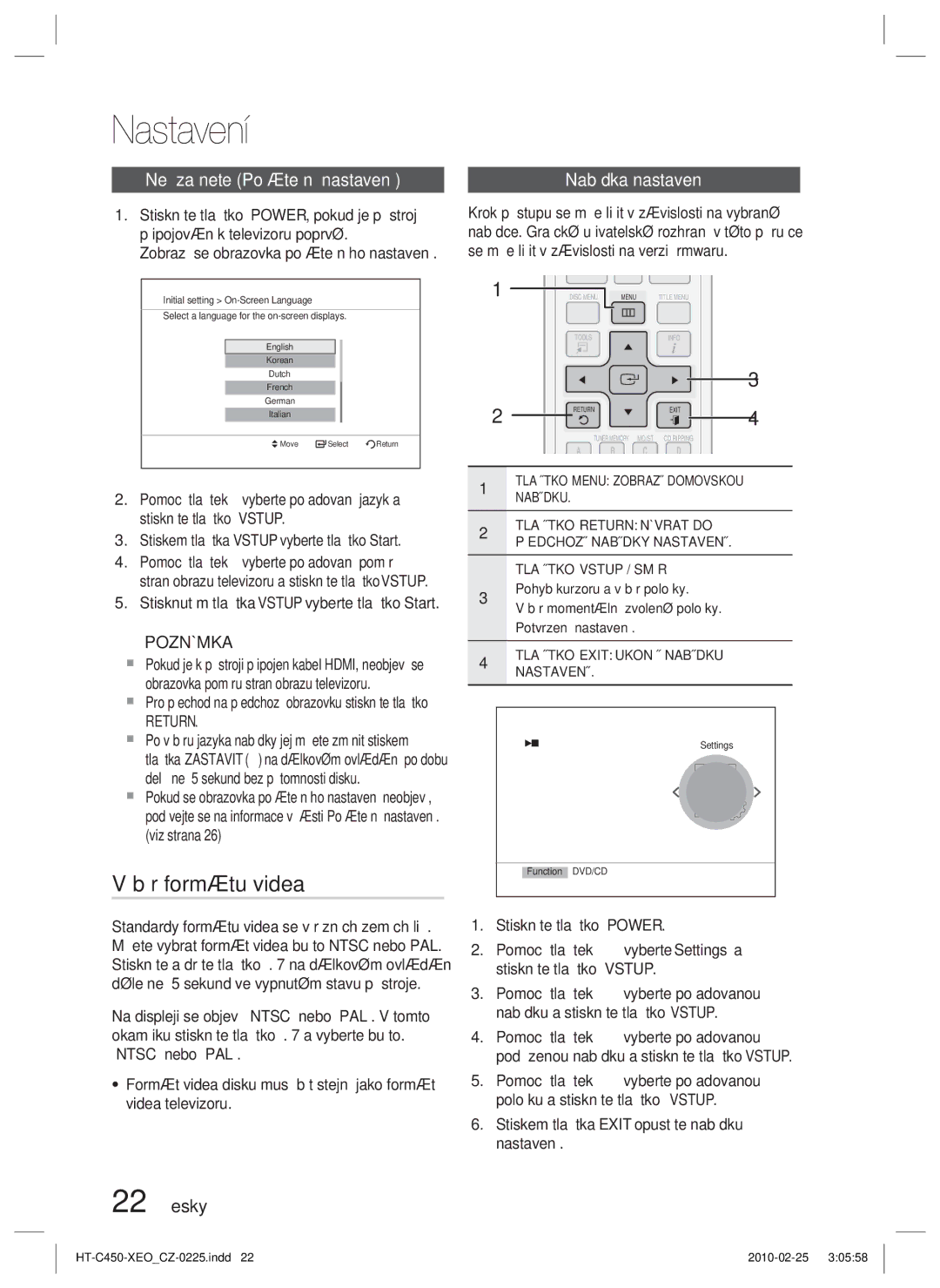 Samsung HT-C450/XEF, HT-C453/XEF manual Nastavení, Výběr formátu videa, Než začnete Počáteční nastavení, 22 Česky, Return 