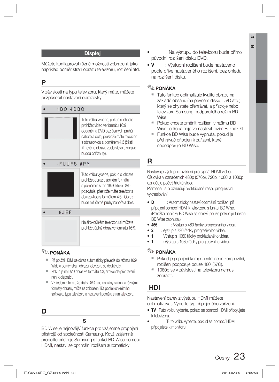 Samsung HT-C453/EDC, HT-C453/XEF, HT-C450/EDC manual Poměr stran obrazu televizoru, BD Wise, Rozlišení, Formát Hdmi, Displej 