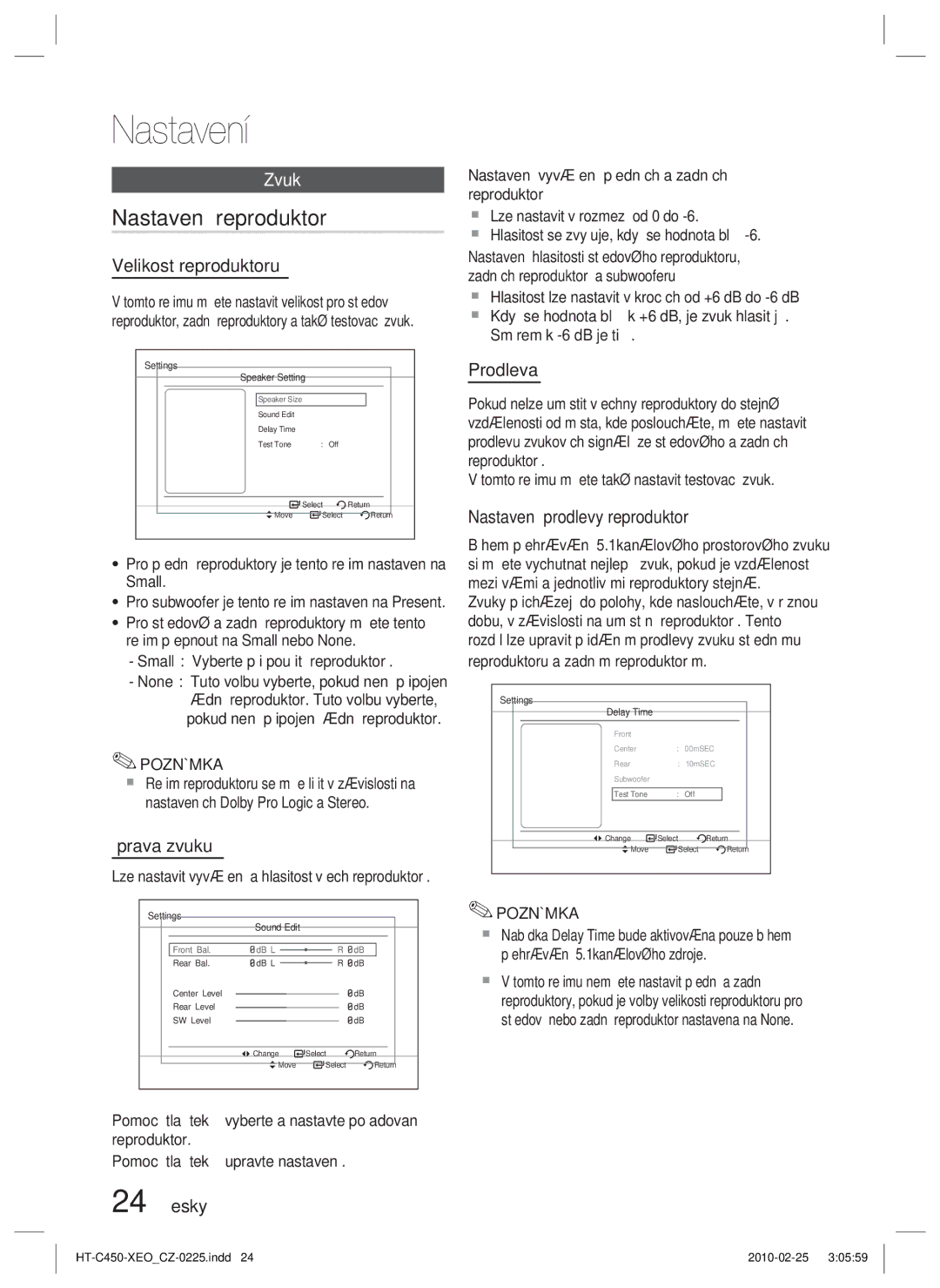 Samsung HT-C450N/EDC, HT-C453/XEF, HT-C450/EDC, HT-C450/XEF, HT-C453/EDC manual Nastavení reproduktorů, Zvuk 