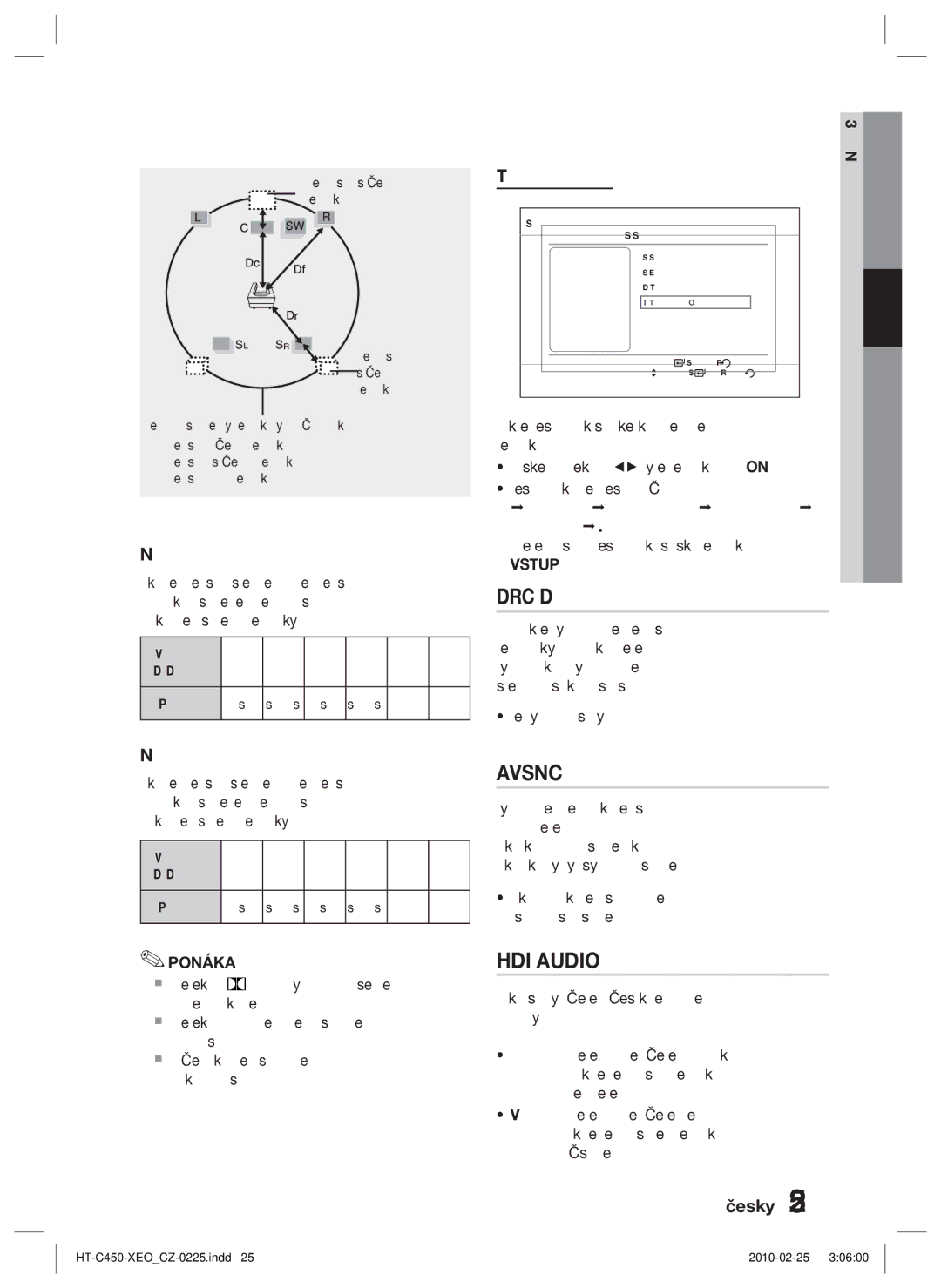 Samsung HT-C453/XEF manual DRC Dynamické omezení rozsahu, Nastavení středového reproduktoru, Nastavení zadního reproduktoru 