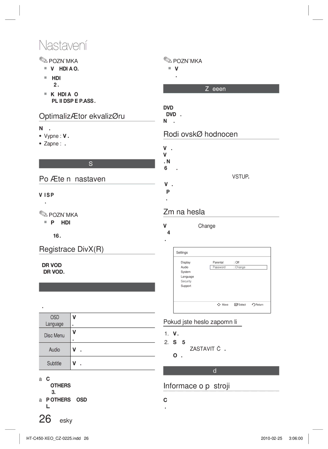 Samsung HT-C450/EDC Optimalizátor ekvalizéru, Počáteční nastavení, Registrace DivXR, Rodičovské hodnocení, Změna hesla 