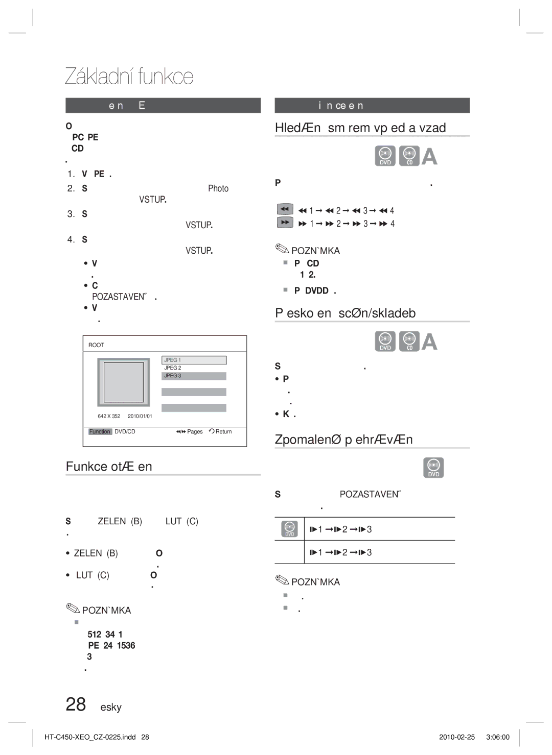 Samsung HT-C453/EDC manual Funkce otáčení, Hledání směrem vpřed a vzad, Přeskočení scén/skladeb, Zpomalené přehrávání 