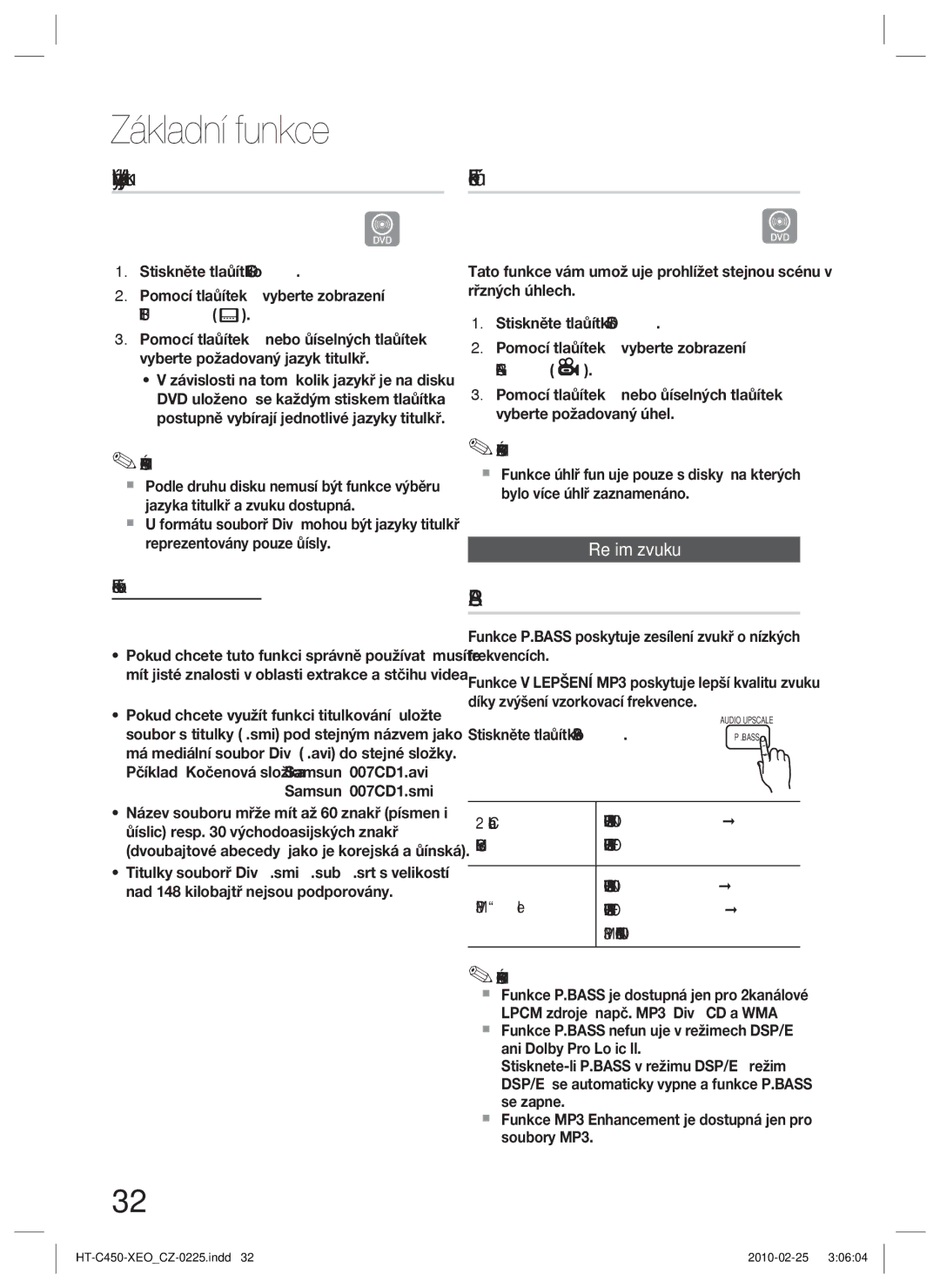 Samsung HT-C450/XEF, HT-C453/XEF, HT-C450/EDC Výběr jazyka titulků, Funkce úhlů, Funkce titulkování, 32 Česky, Režim zvuku 