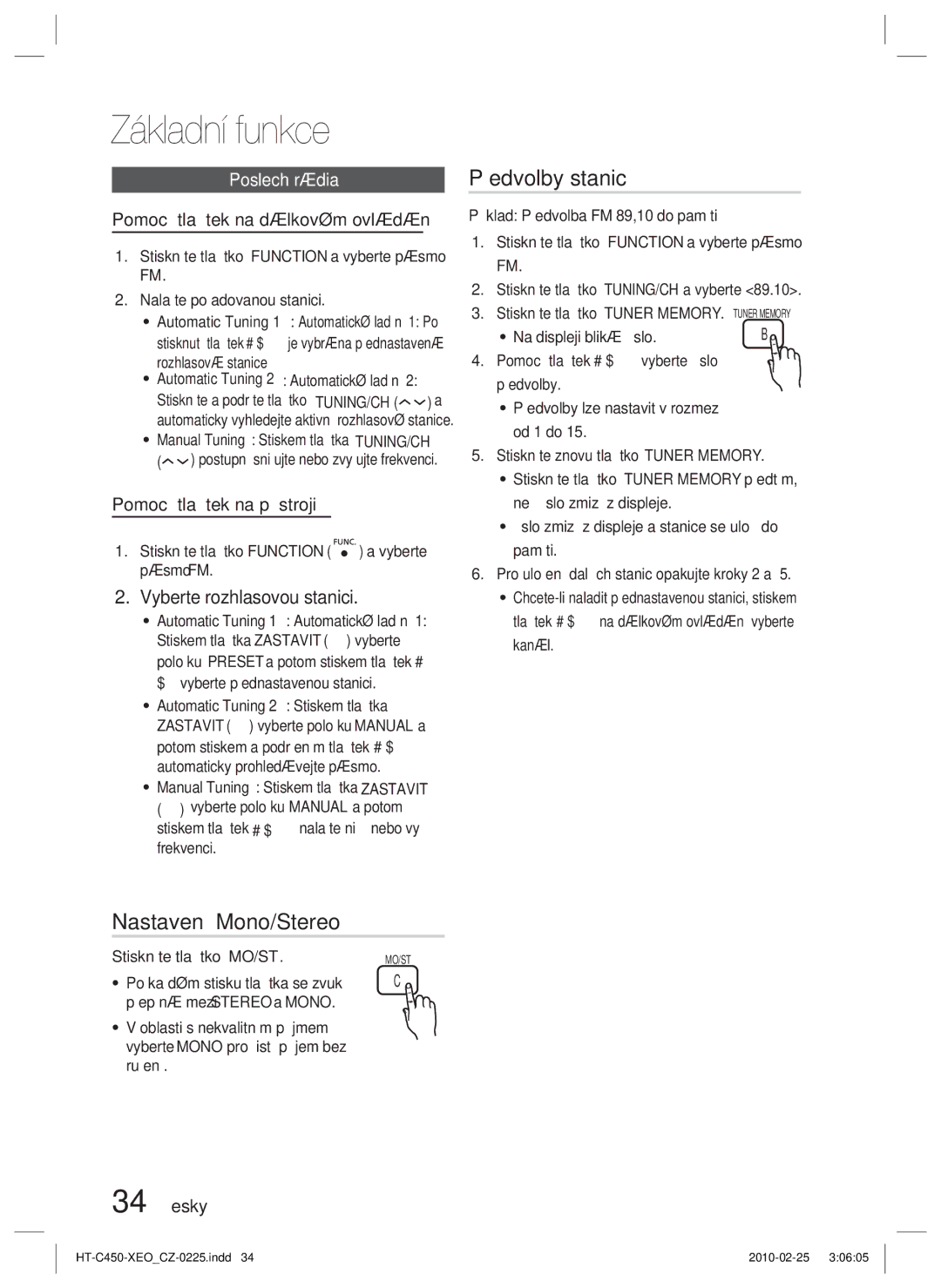 Samsung HT-C450N/EDC, HT-C453/XEF manual Předvolby stanic, Nastavení Mono/Stereo, Vyberte rozhlasovou stanici, Poslech rádia 