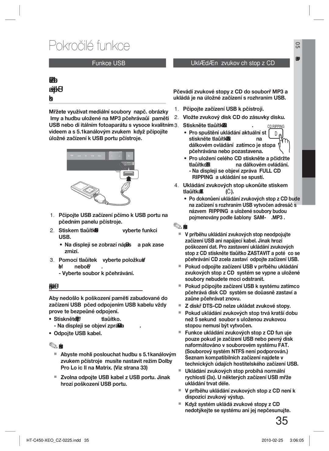 Samsung HT-C453/XEF manual Pokročilé funkce, Funkce USB, Bezpečné odpojení zařízení USB, Ukládání zvukových stop z CD 