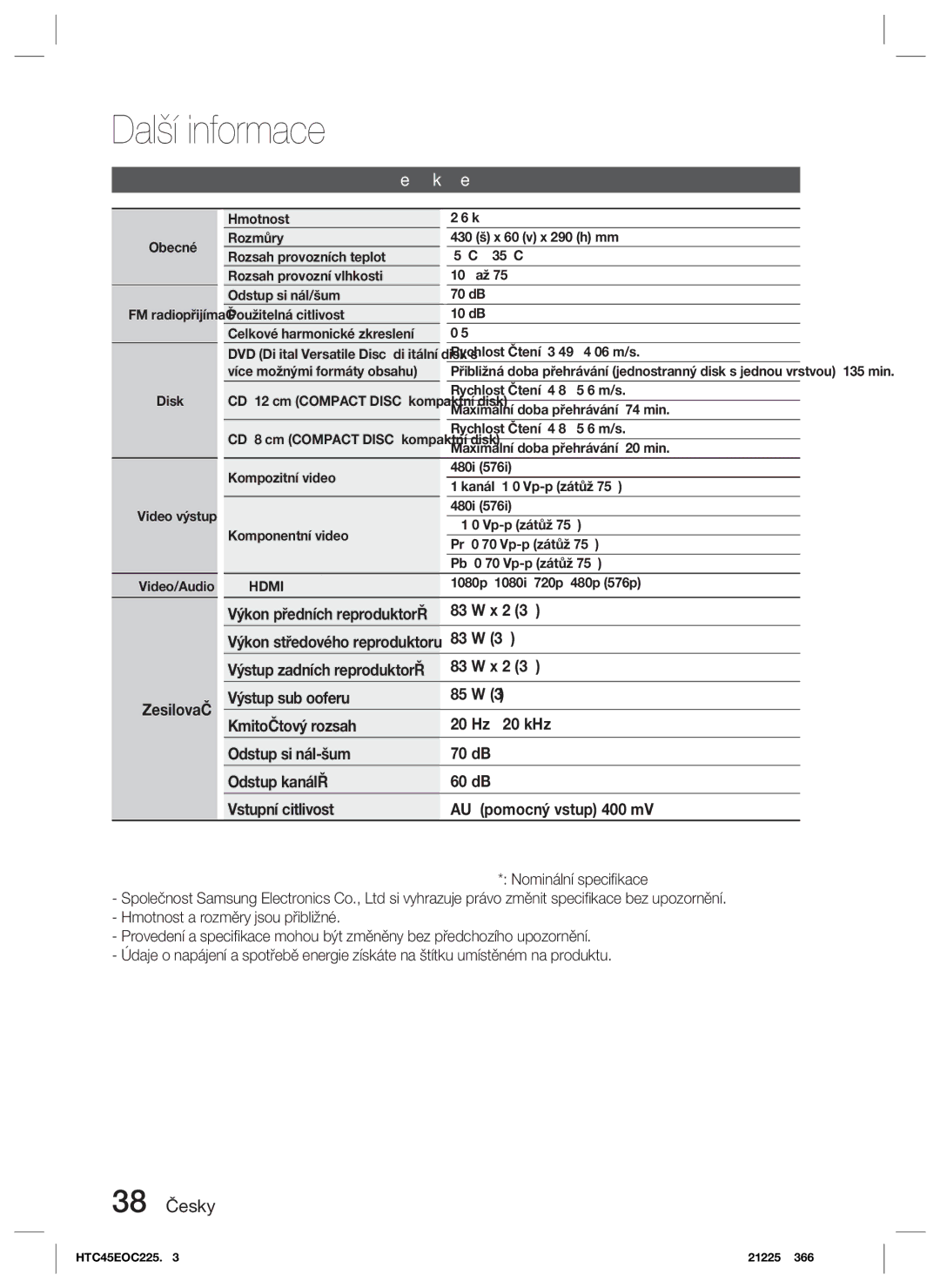 Samsung HT-C453/EDC, HT-C453/XEF manual Technické údaje, 38 Česky, Zesilovač, Výkon předních reproduktorů X 2 3 Ω, 83 W 3 Ω 